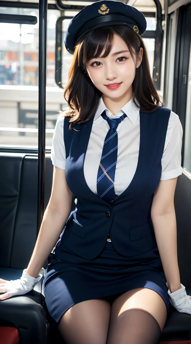 (((full body,including legs)))、(((perfect uniform of Japanese stewardess, blue striped necktie, vest-dress uniform、small hat, white formal short gloves,(black high-heel),  ((with a mini mic in her hand))),bus guide,日本のバスガイド、little smile,white blouse,tight blouse)))、(((navy bowler hat),navy hat)), white gloves, short gloves,  high heel、Dressed up、(Photo real:1.4)、(A hyper-realistic:1.4)、(Photorealistic:1.3)、 (gentle lighting: 1.05)、(Improve the lighting quality of your video:0.9)、32k、 1Girl、28years old girl、photorealistic lighting、Back lighting、Facial Lights、Ray Trace、(bright:1.2)、(Increase quality:1.4)、 (best quality real texture skin)、Fair eyes,Delicate and delicate face, Close-up of the breasts, white blouse,tight blouse,tight vest-dress uniform, (Bodyline mood improvement:1.1)、goofigure,Glossy skin、wavy hair,blonde hair,韓国アイドル、乃木坂アイドル、Sculptural Idol Pose、little smile,blush,Beautiful actress、Neat woman,whole body, (((midium breasts,beautiful breasts))),(perfect row of teeth),slender waist and hip,beautiful long legs,full shot)、((8heads tall)、(((誘惑している、恥ずかしい)))、dynamic pose,gravure pose,(eye shadow),((red cheek、red lips)),Super Clean Night View、night time、blush,little smile,(((full shot)))、(((in the bus))),