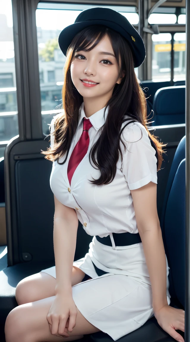 (((full body,including legs)))、(((perfect uniform of Japanese stewardess, blue striped necktie, vest-dress uniform、small hat, white formal short gloves,(black high-heel), ((with a mini mic in her hand))),bus guide,日本のバスガイド、little smile,white blouse,tight blouse)))、(((navy bowler hat),navy hat)), white gloves, short gloves, high heel、Dressed up、(Photo real:1.4)、(A hyper-realistic:1.4)、(Photorealistic:1.3)、 (gentle lighting: 1.05)、(Improve the lighting quality of your video:0.9)、32k、 1Girl、28years old girl、photorealistic lighting、Back lighting、Facial Lights、Ray Trace、(bright:1.2)、(Increase quality:1.4)、 (best quality real texture skin)、Fair eyes,Delicate and delicate face, Close-up of the breasts, white blouse,tight blouse,tight vest-dress uniform, (Bodyline mood improvement:1.1)、goofigure,Glossy skin、wavy hair,blonde hair,韓国アイドル、乃木坂アイドル、Sculptural Idol Pose、little smile,blush,Beautiful actress、Neat woman,whole body, (((midium breasts,beautiful breasts))),(perfect row of teeth),slender waist and hip,beautiful long legs,full shot)、((8heads tall)、(((誘惑している、恥ずかしい)))、dynamic pose,gravure pose,(eye shadow),((red cheek、red lips)),Super Clean Night View、night time、blush,little smile,(((full shot)))、(((in the bus))),