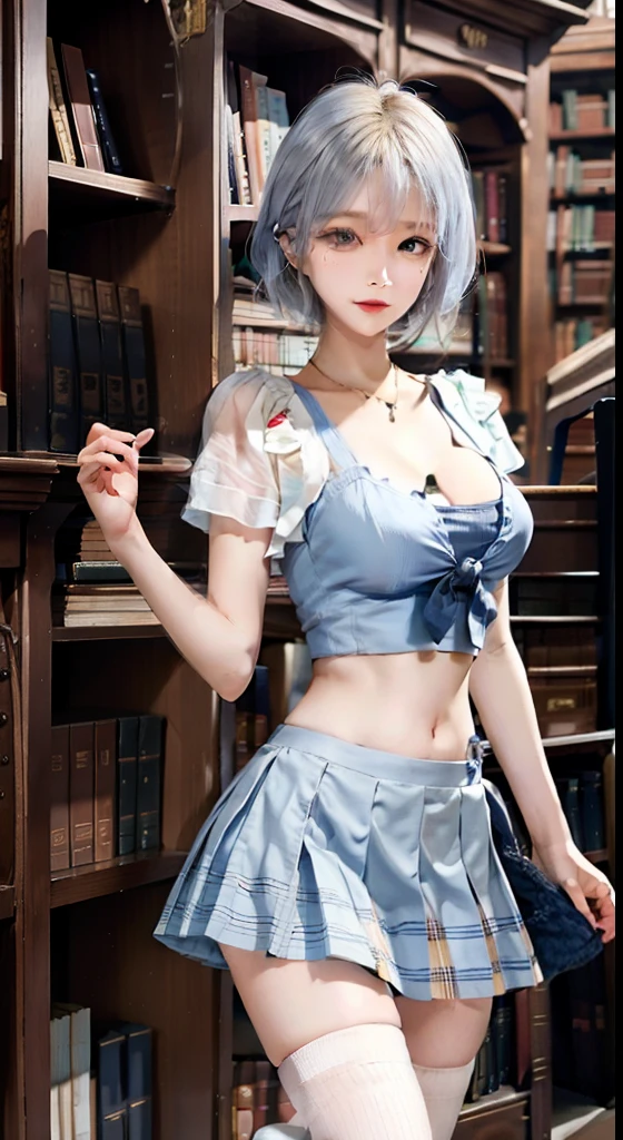 nakano nino, short hair, medium breast, slim legs, happy, cleavage, short skirt, navel, blue eyes, school uniform, thigh high socks, standing, library,