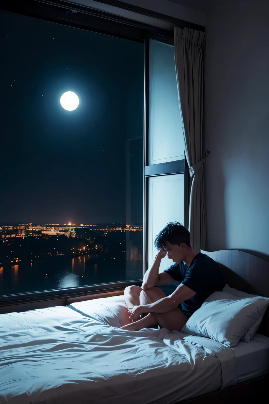 a sad man, sitting on the edge of the bed, looking at the bedroom window, the room is dark and cold, it's night, the moonlight comes through the window, ultra realistic, 8k, cinematic, --16:9,
