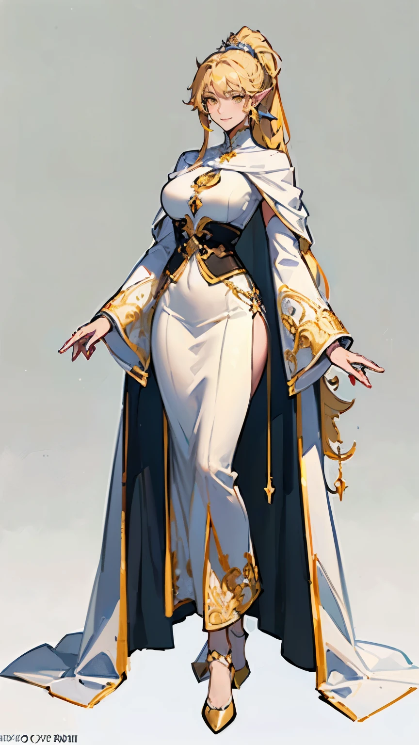((masterpiece,best quality,8k,highres)),((character concept art)), 1 female, young female , Rook, 170cm tall, gentle smile, warm smile, shapely breasts, hourglass body shape, ultra finely detailed eyes (white eyes colour), intricate details, tomboy short hair, (pixie cut hairstyle),(blonde hair colour), pointed ears, super finely detailed hands, ultra finely detailed fingers(((ten finger))), white chiffon shirt, black short skirt, earrings, bracelet, standing still, full body showcase, (show full body), (no logos on background), (no logo), ((plain background)), ((plain background)), (((empty background)))