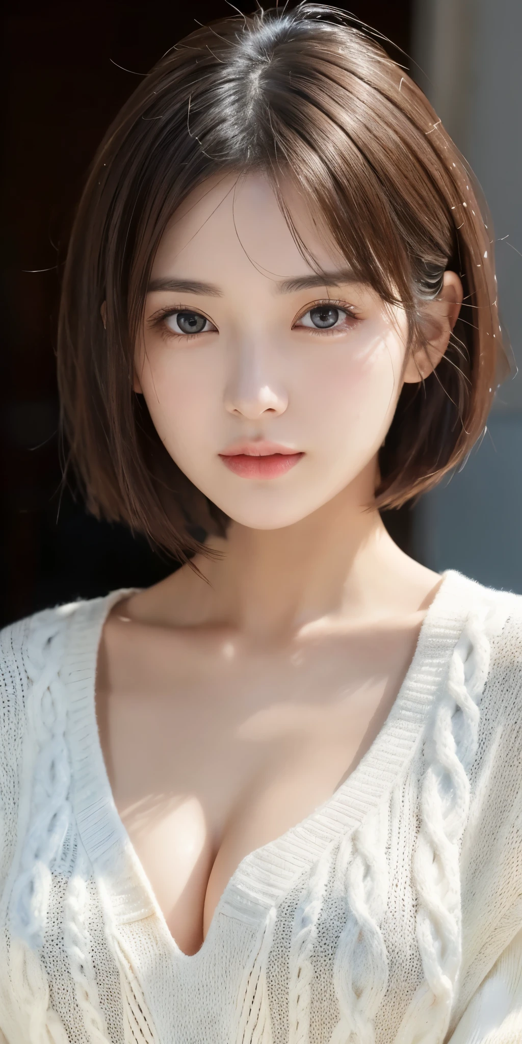 masterpiece、highest quality、High resolution、wallpaper、realistic、bright lighting、professional lighting、face light、smooth lighting、japanese woman、adult woman、Beautiful woman、actress、modeled、gravure、sexy、super beautiful、beautiful skin、beautiful and detailed eyes、detailed face、slim、Medium large breasts、short hair、brunette colored hair、brown eyes、look at the camera、（Extreme V-neck knitwear）、virgin killer sweater