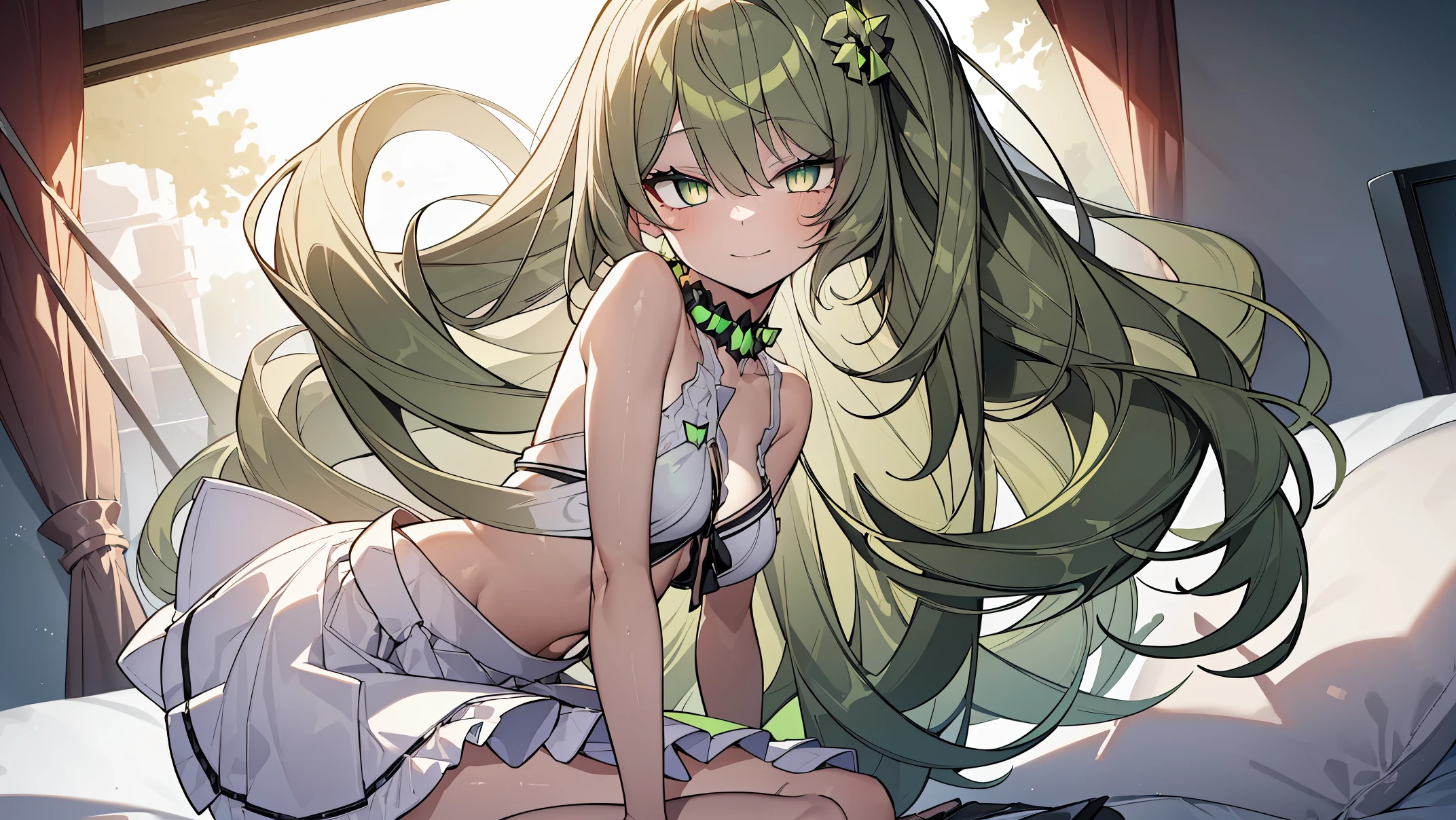 1 girl,Best quality, tmasterpiece, Long green hair, beautiful,detailed eyes, HD, super cute girl, super cute hairstyle, extremely detailed, Visually inspect the audience, The face is slightly red,is shy,full bodyesbian,adolable,Lori small breasts cleavage,white dresses, skirt, pleated skirt, frills, frilled bra, (sitting on his knees on the bed:1.4), (solo:1.6), seductive smile, (green eyes with beautiful pupils:1.7), (on her knees with her legs behind her back:1.5)