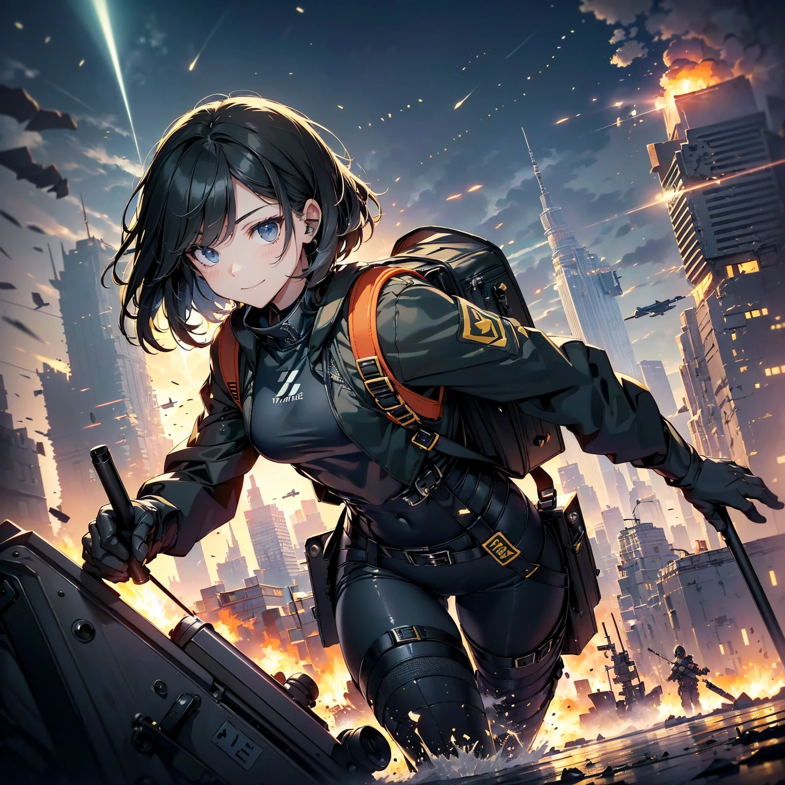 (highest quality,T Masterpiece,final solution,whole body):(24 year old female fighter,Slender、small face、Black Super Short Hair、Shiny dark navy blue and black tight combat uniform,tight suit,dynamic angle、dynamic action、(dynamic pose:1.2)、normal posture,normal posture、Gentle smile、Backpack)、(Time Machine、Computer、skyscraper gun、weapons of the future、(Backpack:1.1)、Real World、Plankton rattle field、volumetric fog、gray fog、cigarette、 explosion、apocalyptic、destroyed city background、burning building:1.3、splash of water、starry ski、huge moon、Earth、destroyed giant robot、radio tower、airplane flying overhead、shooting star rocket truck、broken car、derailed train、tank、giant weapon、electronic equipment、Luminous mechanism)