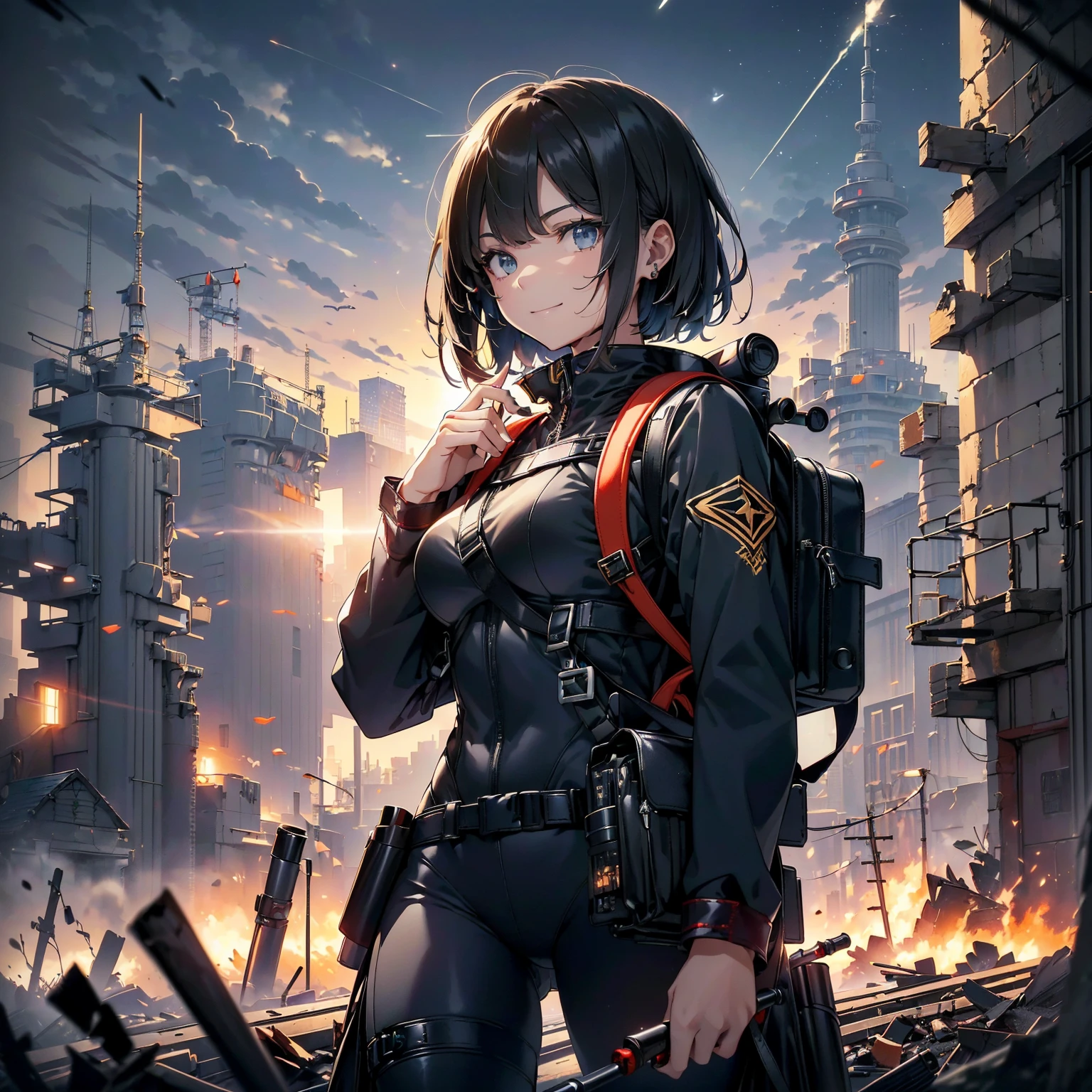 (highest quality,T Masterpiece,final solution,whole body):(24 year old female fighter,Slender、small face、Black Super Short Hair、Shiny dark navy blue and black tight combat uniform,tight suit,dynamic angle、dynamic action、(dynamic pose:1.2)、normal posture,normal posture、Gentle smile、Backpack)、(Time Machine、Computer、skyscraper gun、weapons of the future、(Backpack:1.1)、Real World、Plankton rattle field、volumetric fog、gray fog、cigarette、 explosion、apocalyptic、destroyed city background、burning building:1.3、splash of water、starry ski、huge moon、Earth、destroyed giant robot、radio tower、airplane flying overhead、shooting star rocket truck、broken car、derailed train、tank、giant weapon、electronic equipment、Luminous mechanism)
