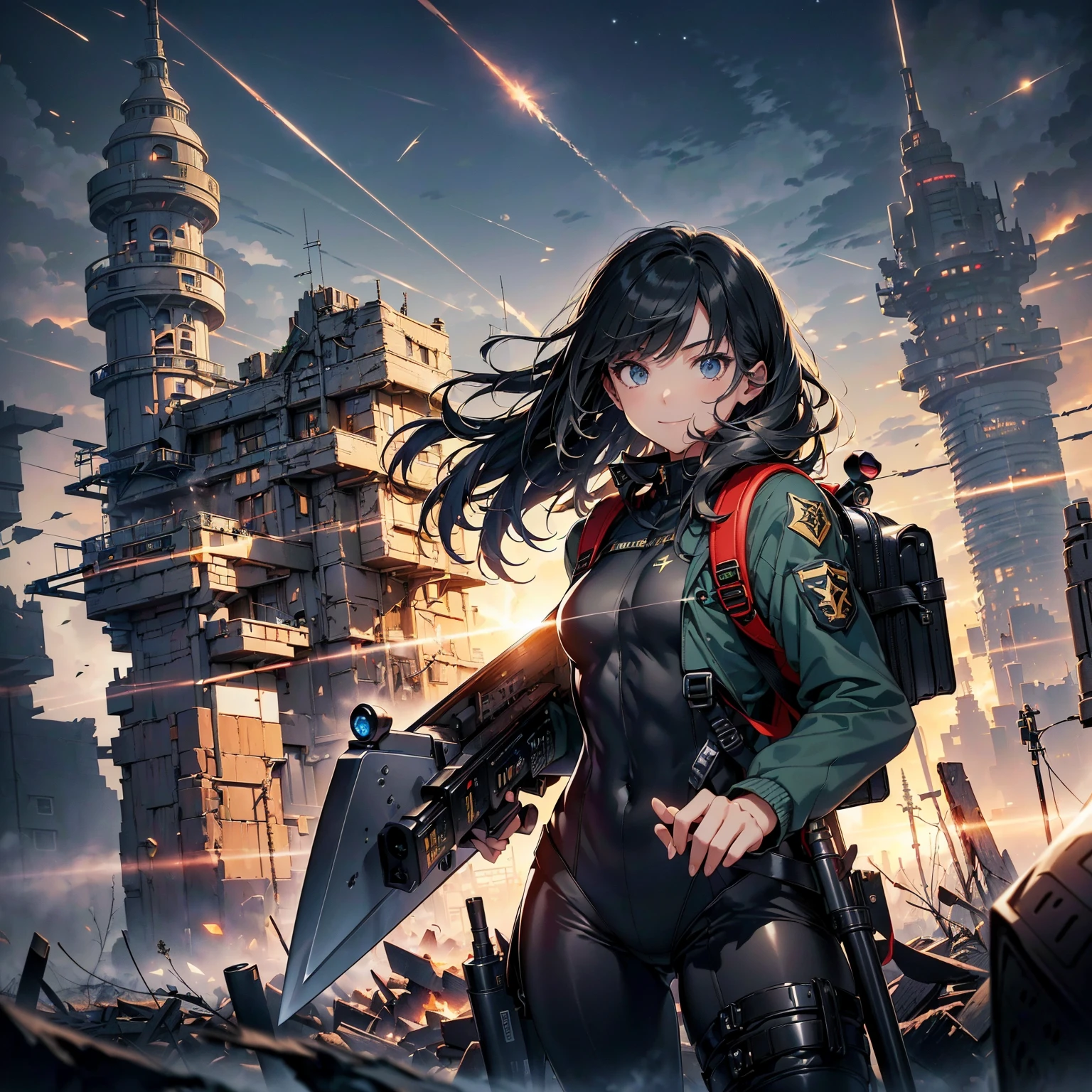 (highest quality,T Masterpiece,final solution,whole body):(24 year old female fighter,Slender、small face、Black Super Short Hair、Shiny dark navy blue and black tight combat uniform,tight suit,dynamic angle、dynamic action、(dynamic pose:1.2)、normal posture,normal posture、Gentle smile、Backpack)、(Time Machine、Computer、skyscraper gun、weapons of the future、(Backpack:1.1)、Real World、Plankton rattle field、volumetric fog、gray fog、cigarette、 explosion、apocalyptic、destroyed city background、burning building:1.3、splash of water、starry ski、huge moon、Earth、destroyed giant robot、radio tower、airplane flying overhead、shooting star rocket truck、broken car、derailed train、tank、giant weapon、electronic equipment、Luminous mechanism)