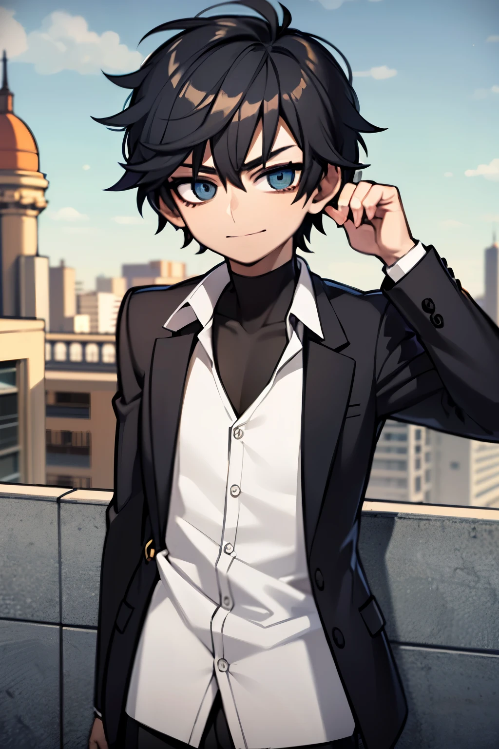 (Chico), (hombre), (Male) (male body)((obra maestra, mejor calidad)), (solo), (enfoque masculino), (sonriente) (de buen humor) (Black hair), (ojos azules)), (different clothes) (cuerpo tonificado) (de alta estatura), de pie, fondo aleatorio, different places, Angle Dynamic, urban zone, dusk, cloudy sky, stormy weather, drizzle