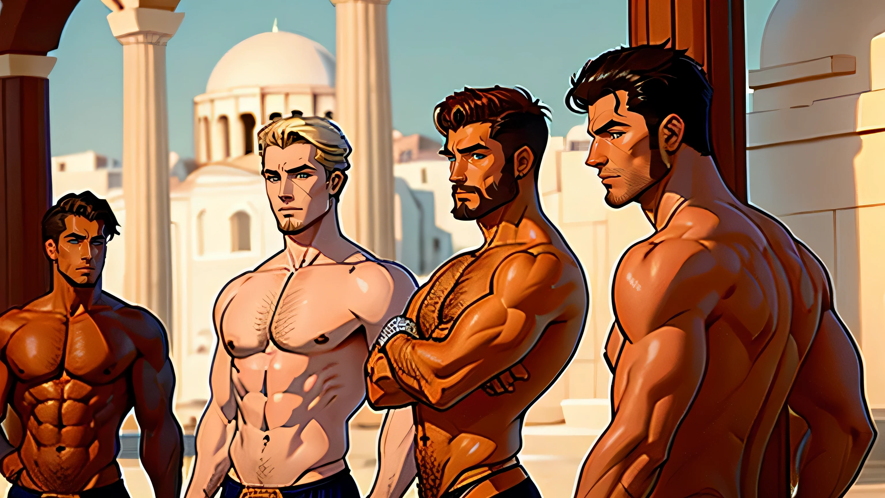 One Handsome short-haired Chad dressed like Greek gods, perfect bodies