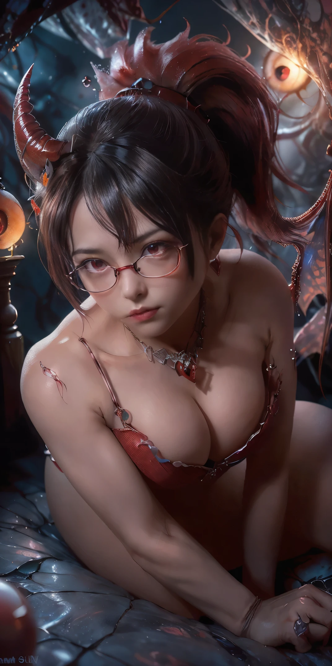 Fine、(The best illustrations)、8k UHD resolution、intricate-detail、top-quality、realisitic、ultra-detailliert、The best lighting、Best Shadows、Soft lighting、Ulutra HD、Dungeon and Dragon、caves、Dungeon、 A Necromancer、natta、Dark style、Succubus、Devil's Daughter、Bat Wings,(((Demon Hornlack-rimmed round glasses))))、(((Colossal tits)))、(Devil's Tail)、(red eyes glowing:1.6)、masterpiece、beautiful countenance、Tindall Effect、photos realistic、(High Detail Skins:1.2)、8KUHD、Digital SLR、hightquality、a picture、hight resolution、 absurderes、Ponytail distortion、best ratio four finger and one thumb、1人、hair adornments、Red sparkling gemstone necklace、jewely、Beautiful expression、Body Up、Large breasts emphasis、Toned waist、Wide buttocks、Tindall Effect、Photorealsitic、(High Detail Skins:1.2)、pink nipple, pink pussy