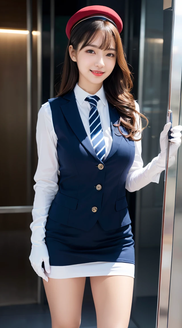 (((full body,including legs)))、(((perfect uniform of Japanese stewardess, blue striped necktie, vest-dress uniform、small hat, white formal short gloves,(black high-heel),  ((with a mini mic in her hand))),bus guide,日本のバスガイド、little smile,white blouse,tight blouse)))、(((navy bowler hat),navy hat)), white gloves, short gloves,  high heel、Dressed up、(Photo real:1.4)、(A hyper-realistic:1.4)、(Photorealistic:1.3)、 (gentle lighting: 1.05)、(Improve the lighting quality of your video:0.9)、32k、 1Girl、28years old girl、photorealistic lighting、Back lighting、Facial Lights、Ray Trace、(bright:1.2)、(Increase quality:1.4)、 (best quality real texture skin)、Fair eyes,Delicate and delicate face, Close-up of the breasts, white blouse,tight blouse,tight vest-dress uniform, (Bodyline mood improvement:1.1)、goofigure,Glossy skin、wavy hair,blonde hair,韓国アイドル、乃木坂アイドル、Sculptural Idol Pose、little smile,blush,Beautiful actress、Neat woman,whole body, (((midium breasts,beautiful breasts))),(perfect row of teeth),slender waist and hip,beautiful long legs,full shot)、((8heads tall)、(((誘惑している、恥ずかしい)))、dynamic pose,gravure pose,(eye shadow),((red cheek、red lips)),Super Clean Night View、night time、blush,little smile,(((full shot)))、(((in the elevater))),