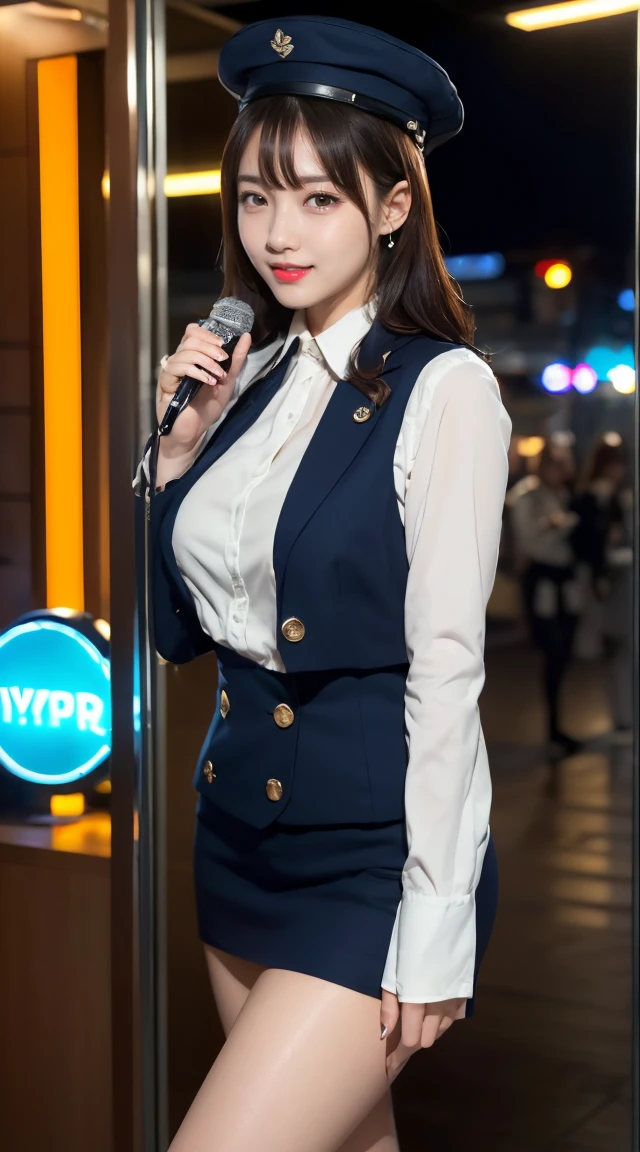 (((full body,including legs)))、(((perfect uniform of Japanese stewardess, blue striped necktie, vest-dress uniform、small hat, white formal short gloves,(black high-heel), ((with a mini mic in her hand))),bus guide,日本のバスガイド、little smile,white blouse,tight blouse)))、(((navy bowler hat),navy hat)), white gloves, short gloves, high heel、Dressed up、(Photo real:1.4)、(A hyper-realistic:1.4)、(Photorealistic:1.3)、 (gentle lighting: 1.05)、(Improve the lighting quality of your video:0.9)、32k、 1Girl、28years old girl、photorealistic lighting、Back lighting、Facial Lights、Ray Trace、(bright:1.2)、(Increase quality:1.4)、 (best quality real texture skin)、Fair eyes,Delicate and delicate face, Close-up of the breasts, white blouse,tight blouse,tight vest-dress uniform, (Bodyline mood improvement:1.1)、goofigure,Glossy skin、wavy hair,blonde hair,韓国アイドル、乃木坂アイドル、Sculptural Idol Pose、little smile,blush,Beautiful actress、Neat woman,whole body, (((midium breasts,beautiful breasts))),(perfect row of teeth),slender waist and hip,beautiful long legs,full shot)、((8heads tall)、(((誘惑している、恥ずかしい)))、dynamic pose,gravure pose,(eye shadow),((red cheek、red lips)),Super Clean Night View、night time、blush,little smile,(((full shot)))、(((in the elevater with big window,neon sign))),
