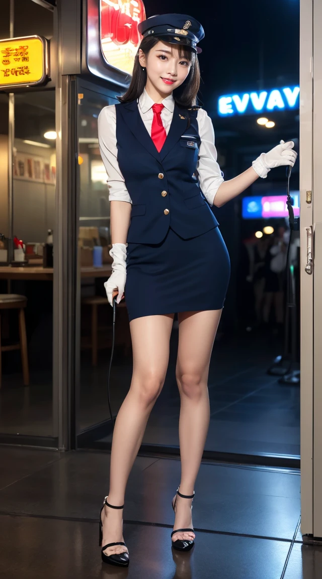 (((full body,including legs)))、(((perfect uniform of Japanese stewardess, blue striped necktie, vest-dress uniform、small hat, white formal short gloves,(black high-heel),  ((with a mini mic in her hand))),bus guide,日本のバスガイド、little smile,white blouse,tight blouse)))、(((navy bowler hat),navy hat)), white gloves, short gloves,  high heel、Dressed up、(Photo real:1.4)、(A hyper-realistic:1.4)、(Photorealistic:1.3)、 (gentle lighting: 1.05)、(Improve the lighting quality of your video:0.9)、32k、 1Girl、28years old girl、photorealistic lighting、Back lighting、Facial Lights、Ray Trace、(bright:1.2)、(Increase quality:1.4)、 (best quality real texture skin)、Fair eyes,Delicate and delicate face, Close-up of the breasts, white blouse,tight blouse,tight vest-dress uniform, (Bodyline mood improvement:1.1)、goofigure,Glossy skin、wavy hair,blonde hair,韓国アイドル、乃木坂アイドル、Sculptural Idol Pose、little smile,blush,Beautiful actress、Neat woman,whole body, (((midium breasts,beautiful breasts))),(perfect row of teeth),slender waist and hip,beautiful long legs,full shot)、((8heads tall)、(((誘惑している、恥ずかしい)))、dynamic pose,gravure pose,(eye shadow),((red cheek、red lips)),Super Clean Night View、night time、blush,little smile,(((full shot)))、(((in the elevater with big window,neon sign))),