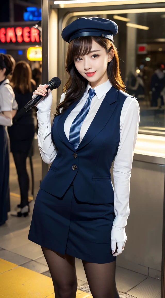 (((full body,including legs)))、(((perfect uniform of Japanese stewardess, blue striped necktie, vest-dress uniform、small hat, white formal short gloves,(black high-heel), ((with a mini mic in her hand))),bus guide,日本のバスガイド、little smile,white blouse,tight blouse)))、(((navy bowler hat),navy hat)), white gloves, short gloves, high heel、Dressed up、(Photo real:1.4)、(A hyper-realistic:1.4)、(Photorealistic:1.3)、 (gentle lighting: 1.05)、(Improve the lighting quality of your video:0.9)、32k、 1Girl、28years old girl、photorealistic lighting、Back lighting、Facial Lights、Ray Trace、(bright:1.2)、(Increase quality:1.4)、 (best quality real texture skin)、Fair eyes,Delicate and delicate face, Close-up of the breasts, white blouse,tight blouse,tight vest-dress uniform, (Bodyline mood improvement:1.1)、goofigure,Glossy skin、wavy hair,blonde hair,韓国アイドル、乃木坂アイドル、Sculptural Idol Pose、little smile,blush,Beautiful actress、Neat woman,whole body, (((midium breasts,beautiful breasts))),(perfect row of teeth),slender waist and hip,beautiful long legs,full shot)、((8heads tall)、(((誘惑している、恥ずかしい)))、dynamic pose,gravure pose,(eye shadow),((red cheek、red lips)),Super Clean Night View、night time、blush,little smile,(((full shot)))、(((in the elevater with big window,neon sign))),
