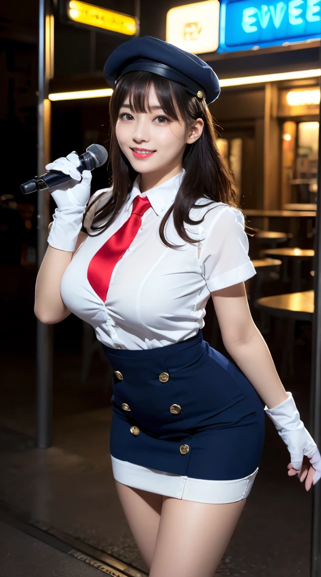 (((full body,including legs)))、(((perfect uniform of Japanese stewardess, blue striped necktie, vest-dress uniform、small hat, white formal short gloves,(black high-heel),  ((with a mini mic in her hand))),bus guide,日本のバスガイド、little smile,white blouse,tight blouse)))、(((navy bowler hat),navy hat)), white gloves, short gloves,  high heel、Dressed up、(Photo real:1.4)、(A hyper-realistic:1.4)、(Photorealistic:1.3)、 (gentle lighting: 1.05)、(Improve the lighting quality of your video:0.9)、32k、 1Girl、28years old girl、photorealistic lighting、Back lighting、Facial Lights、Ray Trace、(bright:1.2)、(Increase quality:1.4)、 (best quality real texture skin)、Fair eyes,Delicate and delicate face, Close-up of the breasts, white blouse,tight blouse,tight vest-dress uniform, (Bodyline mood improvement:1.1)、goofigure,Glossy skin、wavy hair,blonde hair,韓国アイドル、乃木坂アイドル、Sculptural Idol Pose、little smile,blush,Beautiful actress、Neat woman,whole body, (((midium breasts,beautiful breasts))),(perfect row of teeth),slender waist and hip,beautiful long legs,full shot)、((8heads tall)、(((誘惑している、恥ずかしい)))、dynamic pose,gravure pose,(eye shadow),((red cheek、red lips)),Super Clean Night View、night time、blush,little smile,(((full shot)))、(((in the elevater with big window,neon sign))),