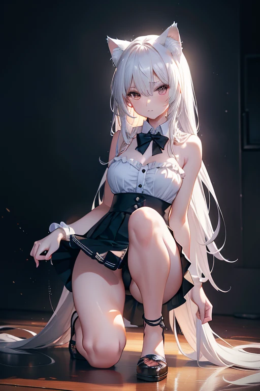 cat girl,Cat ear,perfect face,glowing skin,Flowing beautiful long hair, big breasts,open chest,exposed bare shoulders,slim and toned body,Nice sexy body,seductive pose,kneel down,Skinny white shirt with bow tie, Tight black skirt,super skirt,five fingers,long legs,8K artistic photography, photorealistic concept art, Cinematic perfect light with soft natural volume, amazing, Trending at Art Station, vibrant, production cinematic character rendering, Super high quality model, chiaroscuro
