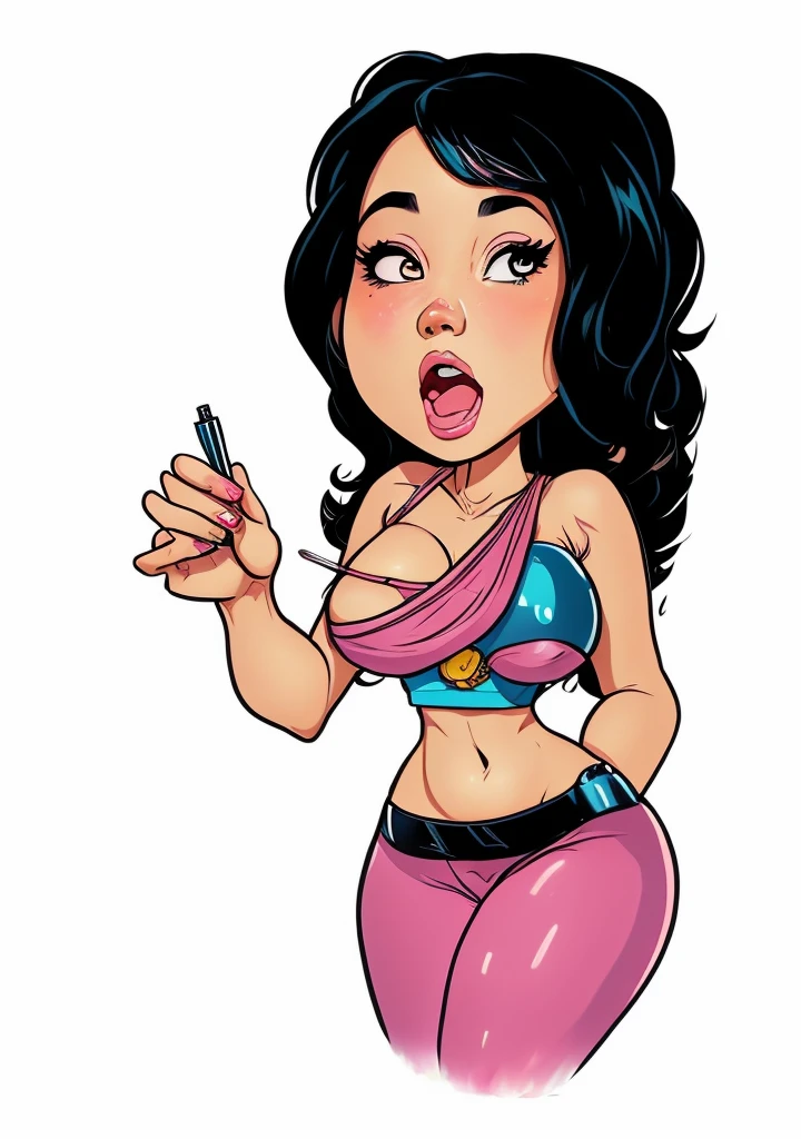 mulher de desenho animado com blusa rosa apontando para algo com o dedo, estilo de desenho animado illustration, in estilo de desenho animado, cartoon illustration, retrato de corpo inteiro segurando garrafa, anime girl drinks energy drink, segurando uma garrafa, estilo de arte dos desenhos animados, mulher em forma, cel sombreado vetor, estilo de desenho animado, Direction: Harry Beckhoff, carregando um frasco de perfume, estilo de vetor de desenho animado, Sprays