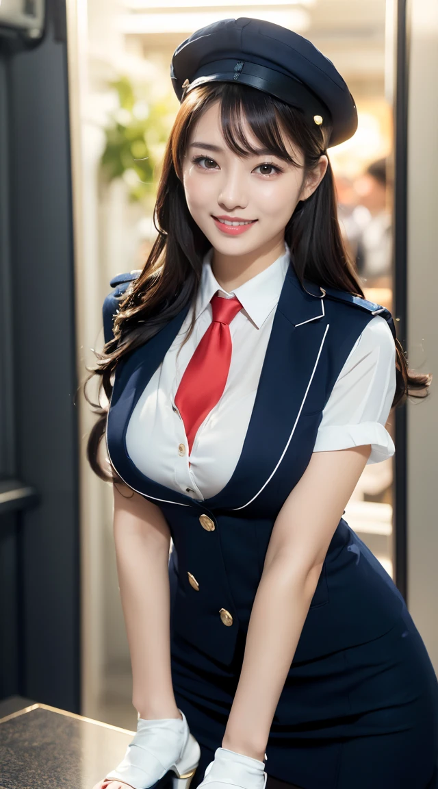 (((full body,including legs,open the legs apart)))、(((perfect uniform of Japanese stewardess, blue striped necktie, vest-dress uniform、small hat, white formal short gloves,(black high-heel), ((with oil,oily hands))),bus guide,日本のバスガイド、little smile,white blouse,tight blouse)))、(((navy bowler hat),navy hat)), white gloves, short gloves, high heel、Dressed up、(Photo real:1.4)、(A hyper-realistic:1.4)、(Photorealistic:1.3)、 (gentle lighting: 1.05)、(Improve the lighting quality of your video:0.9)、32k、 1Girl、28years old girl、photorealistic lighting、Back lighting、Facial Lights、Ray Trace、(bright:1.2)、(Increase quality:1.4)、 (best quality real texture skin)、Fair eyes,Delicate and delicate face, Close-up of the breasts, white blouse,tight blouse,tight vest-dress uniform, (Bodyline mood improvement:1.1)、goofigure,Glossy skin、wavy hair,blonde hair,韓国アイドル、乃木坂アイドル、Sculptural Idol Pose、little smile,blush,Beautiful actress、Neat woman,whole body, (((midium breasts,beautiful breasts))),(perfect row of teeth),slender waist and hip,beautiful long legs,full shot)、((8heads tall)、(((誘惑している、恥ずかしい)))、dynamic pose,gravure pose,(eye shadow),((red cheek、red lips)),Super Clean Night View、night time、blush,little smile,(((full shot)))、Super Clean Night View、night time、blush,little smile,(((full shot)))、(((in the luxury bathroom,sitting down in the bath))),