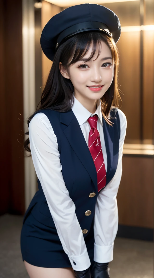 (((full body,including legs)))、(((perfect uniform of Japanese stewardess, blue striped necktie, vest-dress uniform、small hat, white formal short gloves,(black high-heel), ((with a mini mic in her hand))),bus guide,日本のバスガイド、little smile,white blouse,tight blouse)))、(((navy bowler hat),navy hat)), white gloves, short gloves, high heel、Dressed up、(Photo real:1.4)、(A hyper-realistic:1.4)、(Photorealistic:1.3)、 (gentle lighting: 1.05)、(Improve the lighting quality of your video:0.9)、32k、 1Girl、28years old girl、photorealistic lighting、Back lighting、Facial Lights、Ray Trace、(bright:1.2)、(Increase quality:1.4)、 (best quality real texture skin)、Fair eyes,Delicate and delicate face, Close-up of the breasts, white blouse,tight blouse,tight vest-dress uniform, (Bodyline mood improvement:1.1)、goofigure,Glossy skin、wavy hair,blonde hair,韓国アイドル、乃木坂アイドル、Sculptural Idol Pose、little smile,blush,Beautiful actress、Neat woman,whole body, (((midium breasts,beautiful breasts))),(perfect row of teeth),slender waist and hip,beautiful long legs,full shot)、((8heads tall)、(((誘惑している、恥ずかしい)))、dynamic pose,gravure pose,(eye shadow),((red cheek、red lips)),Super Clean Night View、night time、blush,little smile,(((full shot)))、(((in the elevater))),