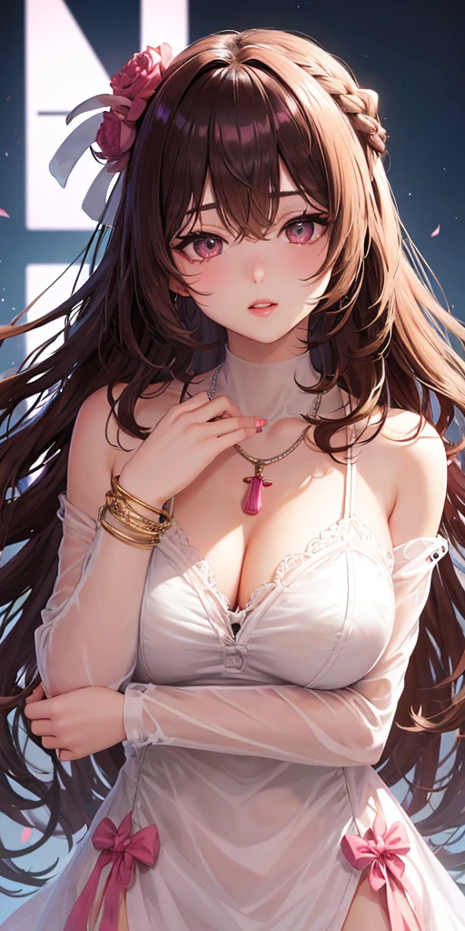 Canon RF85mmf/1.2,masterpiece,highest quality,ultra high resolution,you,1 girl,(korean mixed,K-POP idol:1.2),alone,white_shiny_skin,black eye,necklace,((Brown_length_wavy_hair)),((pink_shiny_lips)),eyelash,前hair,deal with,compensate,shiny,pore,skin texture,bracelet,off shoulder,See-through,big breasts