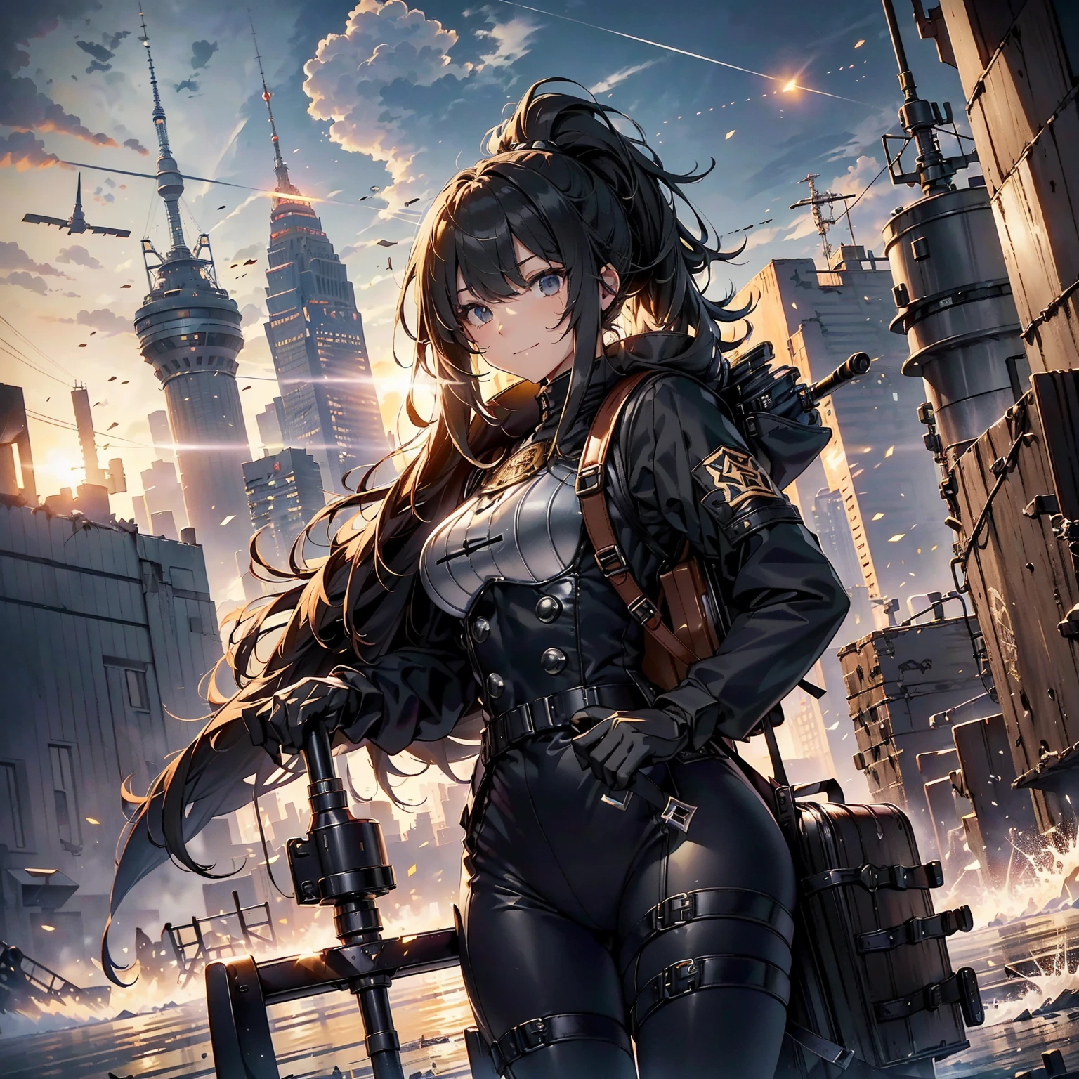 (highest quality,T Masterpiece,final solution,whole body):(Fluffy,24 year old female fighter,Slender、small face、high knot ponytail、Shiny black tight combat uniform,tight suit,dynamic angle、dynamic action、(dynamic pose:1.2)、normal posture,normal posture、Gentle smile、Backpack)、(Time Machine、Computer、skyscraper gun、weapons of the future、(Backpack:1.1)、Real World、Plankton rattle field、volumetric fog、gray fog、cigarette、 explosion、apocalyptic、destroyed city background、burning building:1.3、splash of water、starry ski、huge moon、Earth、destroyed giant robot、radio tower、airplane flying overhead、shooting star rocket truck、broken car、derailed train、tank、giant weapon、electronic equipment、Luminous mechanism)