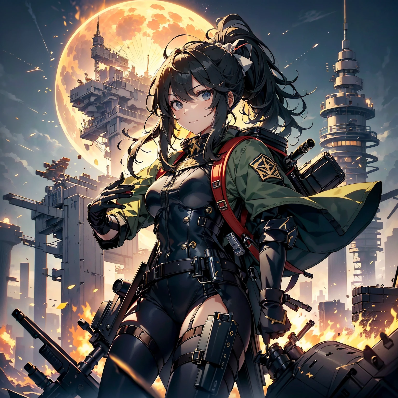 (highest quality,T Masterpiece,final solution,whole body):(Fluffy,24 year old female fighter,Slender、small face、high knot ponytail、Shiny black tight combat uniform,tight suit,dynamic angle、dynamic action、(dynamic pose:1.2)、normal posture,normal posture、Gentle smile、Backpack)、(Time Machine、Computer、skyscraper gun、weapons of the future、(Backpack:1.1)、Real World、Plankton rattle field、volumetric fog、gray fog、cigarette、 explosion、apocalyptic、destroyed city background、burning building:1.3、splash of water、starry ski、huge moon、Earth、destroyed giant robot、radio tower、airplane flying overhead、shooting star rocket truck、broken car、derailed train、tank、giant weapon、electronic equipment、Luminous mechanism)