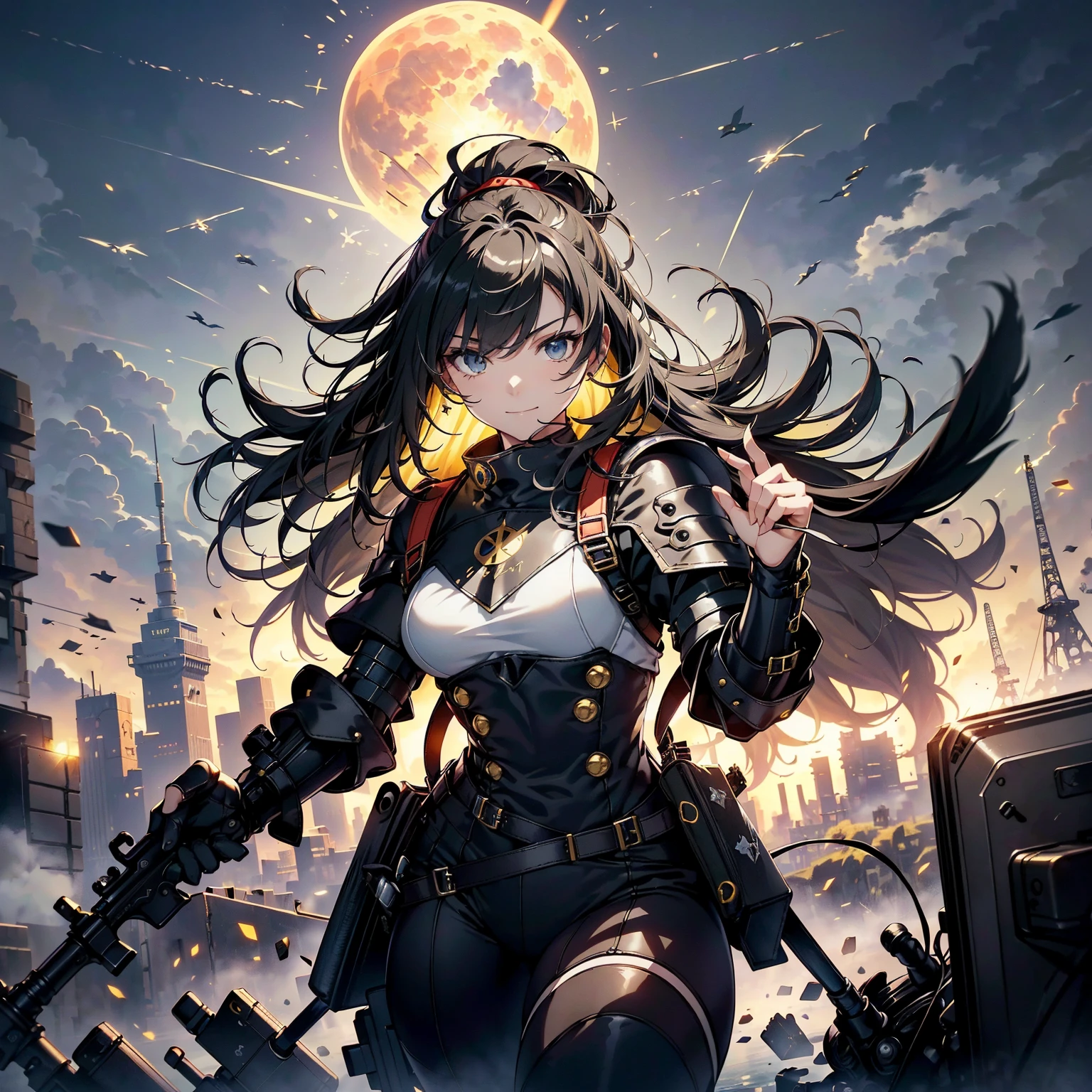 (highest quality,T Masterpiece,final solution,whole body):(Fluffy,24 year old female fighter,Slender、small face、high knot ponytail、Shiny black tight combat uniform,tight suit,dynamic angle、dynamic action、(dynamic pose:1.2)、normal posture,normal posture、Gentle smile、Backpack)、(Time Machine、Computer、skyscraper gun、weapons of the future、(Backpack:1.1)、Real World、Plankton rattle field、volumetric fog、gray fog、cigarette、 explosion、apocalyptic、destroyed city background、burning building:1.3、splash of water、starry ski、huge moon、Earth、destroyed giant robot、radio tower、airplane flying overhead、shooting star rocket truck、broken car、derailed train、tank、giant weapon、electronic equipment、Luminous mechanism)