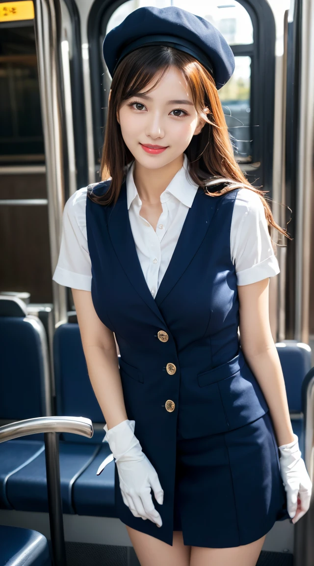 (((full body,including legs)))、(((perfect uniform of Japanese stewardess, blue striped necktie, vest-dress uniform、small hat, white formal short gloves,(black high-heel), ((with a mini mic in her hand))),bus guide,日本のバスガイド、little smile,white blouse,tight blouse)))、(((navy bowler hat),navy hat)), white gloves, short gloves, high heel、Dressed up、(Photo real:1.4)、(A hyper-realistic:1.4)、(Photorealistic:1.3)、 (gentle lighting: 1.05)、(Improve the lighting quality of your video:0.9)、32k、 1Girl、28years old girl、photorealistic lighting、Back lighting、Facial Lights、Ray Trace、(bright:1.2)、(Increase quality:1.4)、 (best quality real texture skin)、Fair eyes,Delicate and delicate face, Close-up of the breasts, white blouse,tight blouse,tight vest-dress uniform, (Bodyline mood improvement:1.1)、goofigure,Glossy skin、wavy hair,blonde hair,韓国アイドル、乃木坂アイドル、Sculptural Idol Pose、little smile,blush,Beautiful actress、Neat woman,whole body, (((midium breasts,beautiful breasts))),(perfect row of teeth),slender waist and hip,beautiful long legs,full shot)、((8heads tall)、(((誘惑している、恥ずかしい)))、dynamic pose,gravure pose,(eye shadow),((red cheek、red lips)),Super Clean Night View、night time、blush,little smile,(((full shot)))、(((in the bus))),