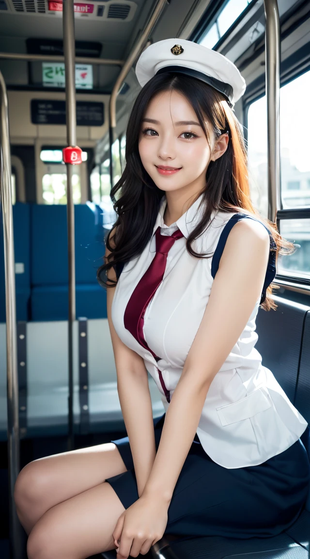 (((full body,including legs)))、(((perfect uniform of Japanese stewardess, blue striped necktie, vest-dress uniform、small hat, white formal short gloves,(black high-heel),  ((with a mini mic in her hand))),bus guide,日本のバスガイド、little smile,white blouse,tight blouse)))、(((navy bowler hat),navy hat)), white gloves, short gloves,  high heel、Dressed up、(Photo real:1.4)、(A hyper-realistic:1.4)、(Photorealistic:1.3)、 (gentle lighting: 1.05)、(Improve the lighting quality of your video:0.9)、32k、 1Girl、28years old girl、photorealistic lighting、Back lighting、Facial Lights、Ray Trace、(bright:1.2)、(Increase quality:1.4)、 (best quality real texture skin)、Fair eyes,Delicate and delicate face, Close-up of the breasts, white blouse,tight blouse,tight vest-dress uniform, (Bodyline mood improvement:1.1)、goofigure,Glossy skin、wavy hair,blonde hair,韓国アイドル、乃木坂アイドル、Sculptural Idol Pose、little smile,blush,Beautiful actress、Neat woman,whole body, (((midium breasts,beautiful breasts))),(perfect row of teeth),slender waist and hip,beautiful long legs,full shot)、((8heads tall)、(((誘惑している、恥ずかしい)))、dynamic pose,gravure pose,(eye shadow),((red cheek、red lips)),Super Clean Night View、night time、blush,little smile,(((full shot)))、(((in the bus))),