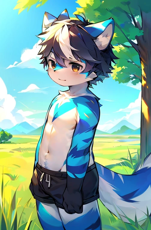 ((Furry, kemono)), 2D furry Shota, swimming_suit，standing，goggles, rabbit_ear, rabbit_tail, topless, green_fur, speedo