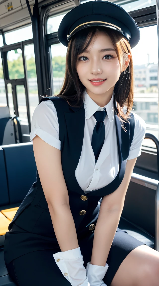 (((full body,including legs)))、(((perfect uniform of Japanese stewardess, blue striped necktie, vest-dress uniform、small hat, white formal short gloves,(black high-heel), ((with a mini mic in her hand))),bus guide,日本のバスガイド、little smile,white blouse,tight blouse)))、(((navy bowler hat),navy hat)), white gloves, short gloves, high heel、Dressed up、(Photo real:1.4)、(A hyper-realistic:1.4)、(Photorealistic:1.3)、 (gentle lighting: 1.05)、(Improve the lighting quality of your video:0.9)、32k、 1Girl、28years old girl、photorealistic lighting、Back lighting、Facial Lights、Ray Trace、(bright:1.2)、(Increase quality:1.4)、 (best quality real texture skin)、Fair eyes,Delicate and delicate face, Close-up of the breasts, white blouse,tight blouse,tight vest-dress uniform, (Bodyline mood improvement:1.1)、goofigure,Glossy skin、wavy hair,blonde hair,韓国アイドル、乃木坂アイドル、Sculptural Idol Pose、little smile,blush,Beautiful actress、Neat woman,whole body, (((midium breasts,beautiful breasts))),(perfect row of teeth),slender waist and hip,beautiful long legs,full shot)、((8heads tall)、(((誘惑している、恥ずかしい)))、dynamic pose,gravure pose,(eye shadow),((red cheek、red lips)),Super Clean Night View、night time、blush,little smile,(((full shot)))、(((in the bus))),