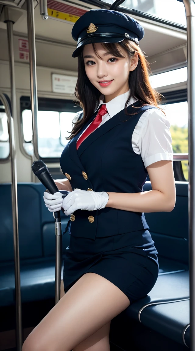 (((full body,including legs)))、(((perfect uniform of Japanese stewardess, blue striped necktie, vest-dress uniform、small hat, white formal short gloves,(black high-heel),  ((with a mini mic in her hand))),bus guide,日本のバスガイド、little smile,white blouse,tight blouse)))、(((navy bowler hat),navy hat)), white gloves, short gloves,  high heel、Dressed up、(Photo real:1.4)、(A hyper-realistic:1.4)、(Photorealistic:1.3)、 (gentle lighting: 1.05)、(Improve the lighting quality of your video:0.9)、32k、 1Girl、28years old girl、photorealistic lighting、Back lighting、Facial Lights、Ray Trace、(bright:1.2)、(Increase quality:1.4)、 (best quality real texture skin)、Fair eyes,Delicate and delicate face, Close-up of the breasts, white blouse,tight blouse,tight vest-dress uniform, (Bodyline mood improvement:1.1)、goofigure,Glossy skin、wavy hair,blonde hair,韓国アイドル、乃木坂アイドル、Sculptural Idol Pose、little smile,blush,Beautiful actress、Neat woman,whole body, (((midium breasts,beautiful breasts))),(perfect row of teeth),slender waist and hip,beautiful long legs,full shot)、((8heads tall)、(((誘惑している、恥ずかしい)))、dynamic pose,gravure pose,(eye shadow),((red cheek、red lips)),Super Clean Night View、night time、blush,little smile,(((full shot)))、(((in the bus))),