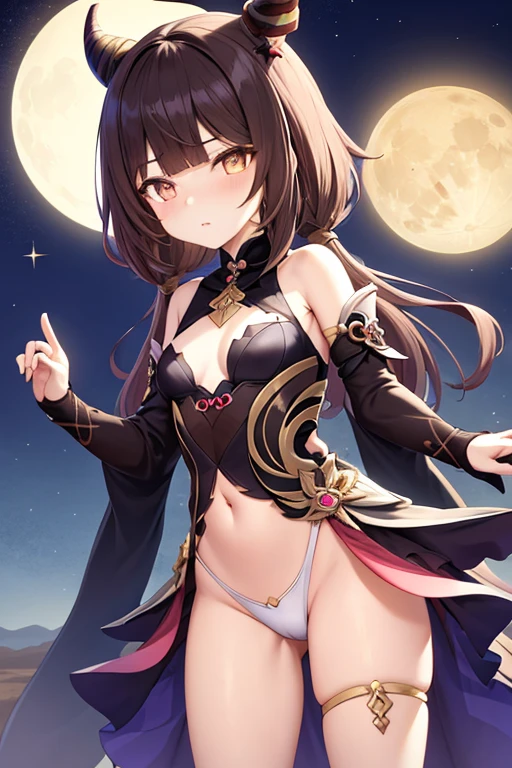 My loli genshin impact oc, brown hair, stars, moon, brown hair, sumeru desert outfit, black horns with pink outlines, hair covering 1 eye and scaramouche (genshin impact)  standing together