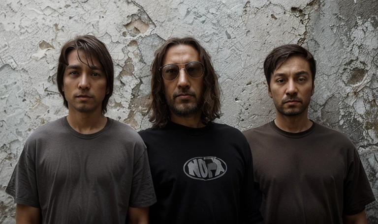 ultra-high detail, detailed guys-musicians,rock band, cool 2020s, 16 photos in high resolution,((DETAILED EYES))),standing against a concrete wall,cover,masterpiece, detailed recording studio, digital painting, highly detailed, complex pose, clarity, high quality