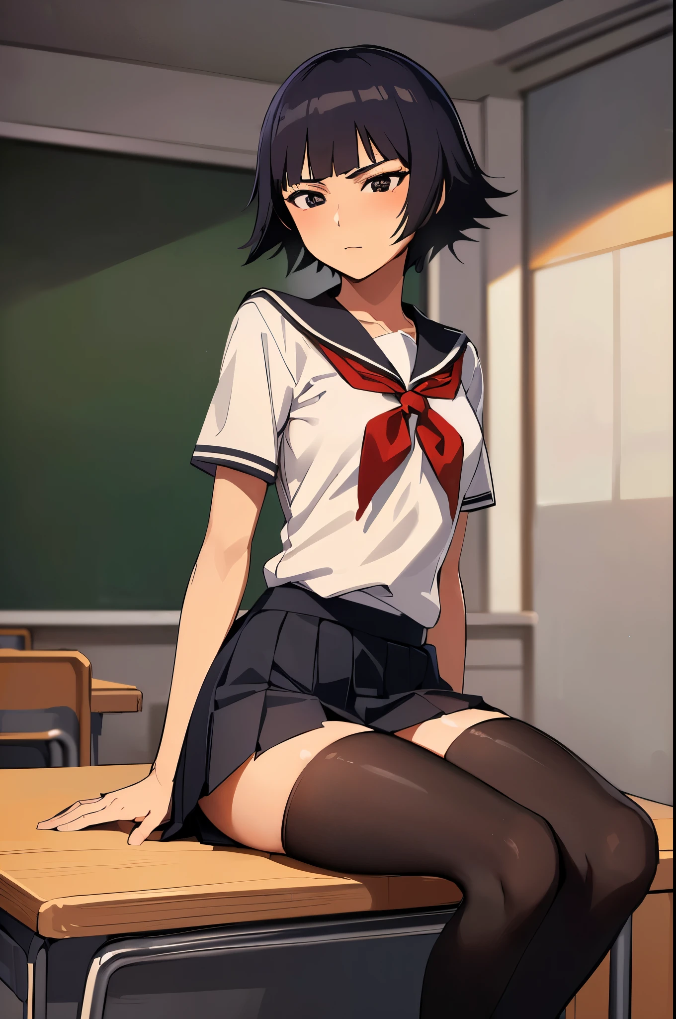 ultra-realistic 8k CG, masterpiece, ((ultra-detailed background, expressive eyes, fine drawing, intricate details, high detail, better quality fine details, hyper-detailed face)), (photorealistic: 1.4), beautiful lighting, RAW photo, film grain, soi fon, 1girl, solo, ((dark black hair, short hair)), ((dark black eyes)), black irises, makeup, side strands, (( slim girl)), ((detailed background, inside, dim lighting, moody lighting, inside classroom)), (intricately detailed full-body shot)), ((intricately detailed face and character)), sweating, detailed face, beautiful face, sharp stern features, petite, thin, skinny, kubo tito, kubo tito (style), bleach (manga), bleach manga style, asian eyes, inspired by Kusumi Morikage, toned, small breasts, toned, long slender legs, thin legs, ((pretty arched feet)), ), ((neckerchief, pleated skirt, red neckerchief, school uniform, shirt, short sleeves, skirt, white shirt, school uniform, pantyhose, black penny shoes)), sitting on desk, facing viewer, smiling