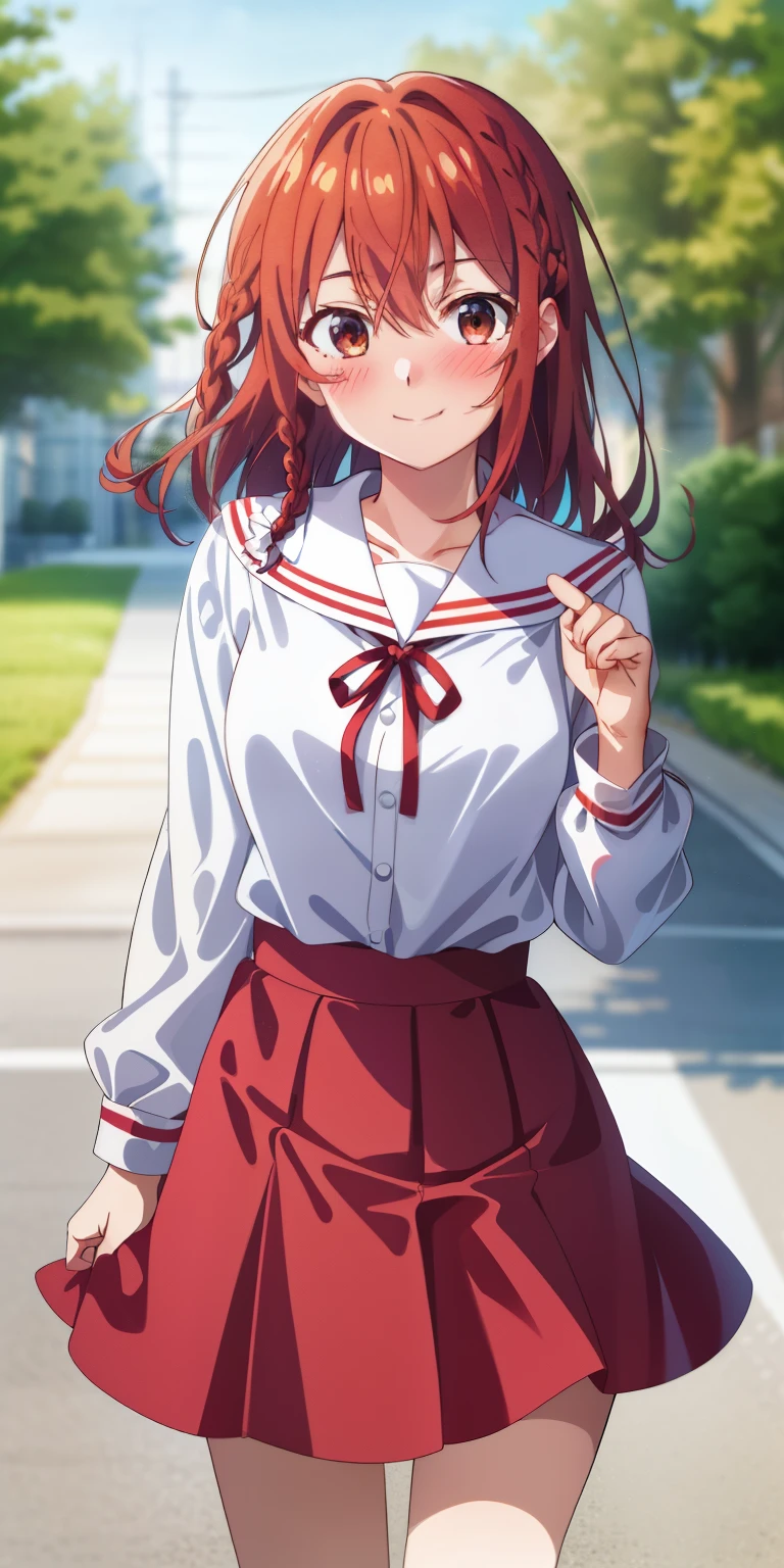 2d, masterpiece, best quality, anime, highly detailed, 1girl, solo, cowboy shot, sumi, single braid, side braid, hair bow, white bow, white shirt, long sleeves, sailor collar, red ribbon, red skirt, pleated skirt, embarrassed, blush, smile, outdoors
