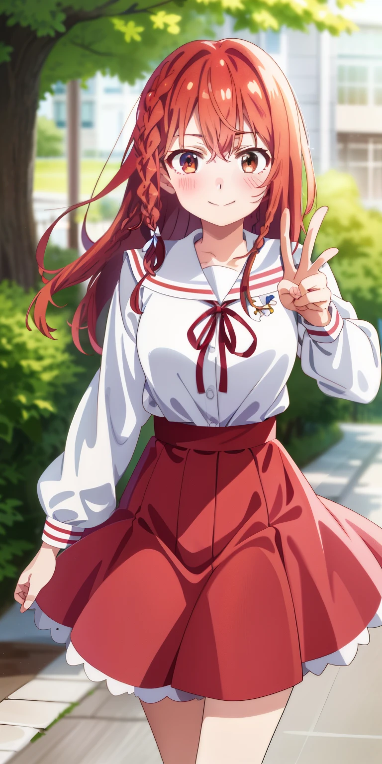 2d, masterpiece, best quality, anime, highly detailed, 1girl, solo, cowboy shot, sumi, single braid, side braid, hair bow, white bow, white shirt, long sleeves, sailor collar, red ribbon, red skirt, pleated skirt, embarrassed, blush, smile, outdoors