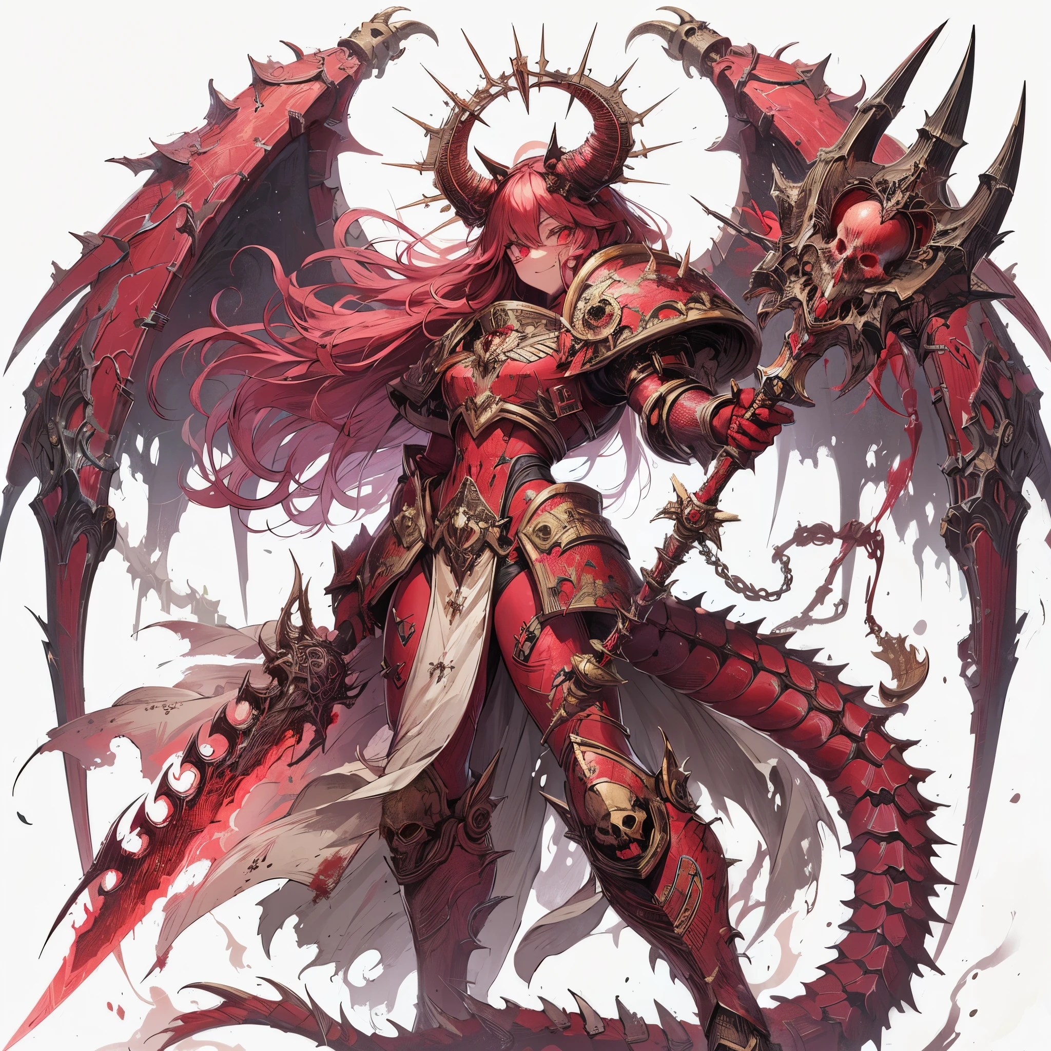 Masterpiece, best quality, ultra-detailed, anime style, full body of Chaos Demon girl, Blood Red and Brass power armor, wild barbarian, held hell sword, pale red skin, clawed and tailed, supernatural Lightning and flame, ((blood skull symbol)), Warhammer 40K, 8k high resolution, trending art station, white background, whole body, standing in battleground. bad smile
