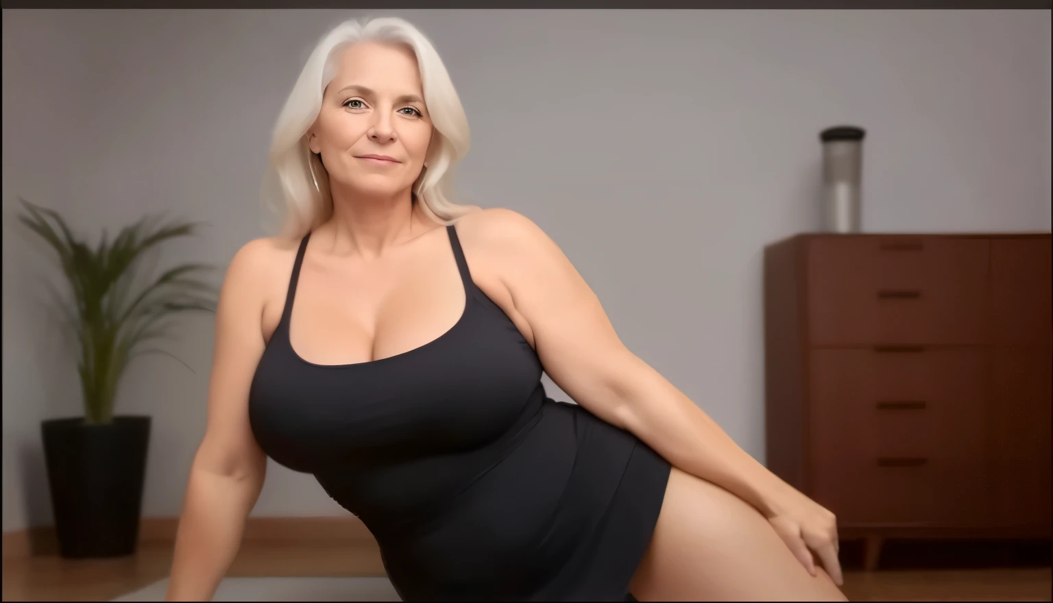 blond woman in black dress posing on a yoga mat, she is about 6 0 years old, she is about 50 years old, she is about 7 0 years old, she is about 40 years old, she is about 4 0 years old, 40 years old women, older woman, she is wearing a black tank top, 3 0 years woman