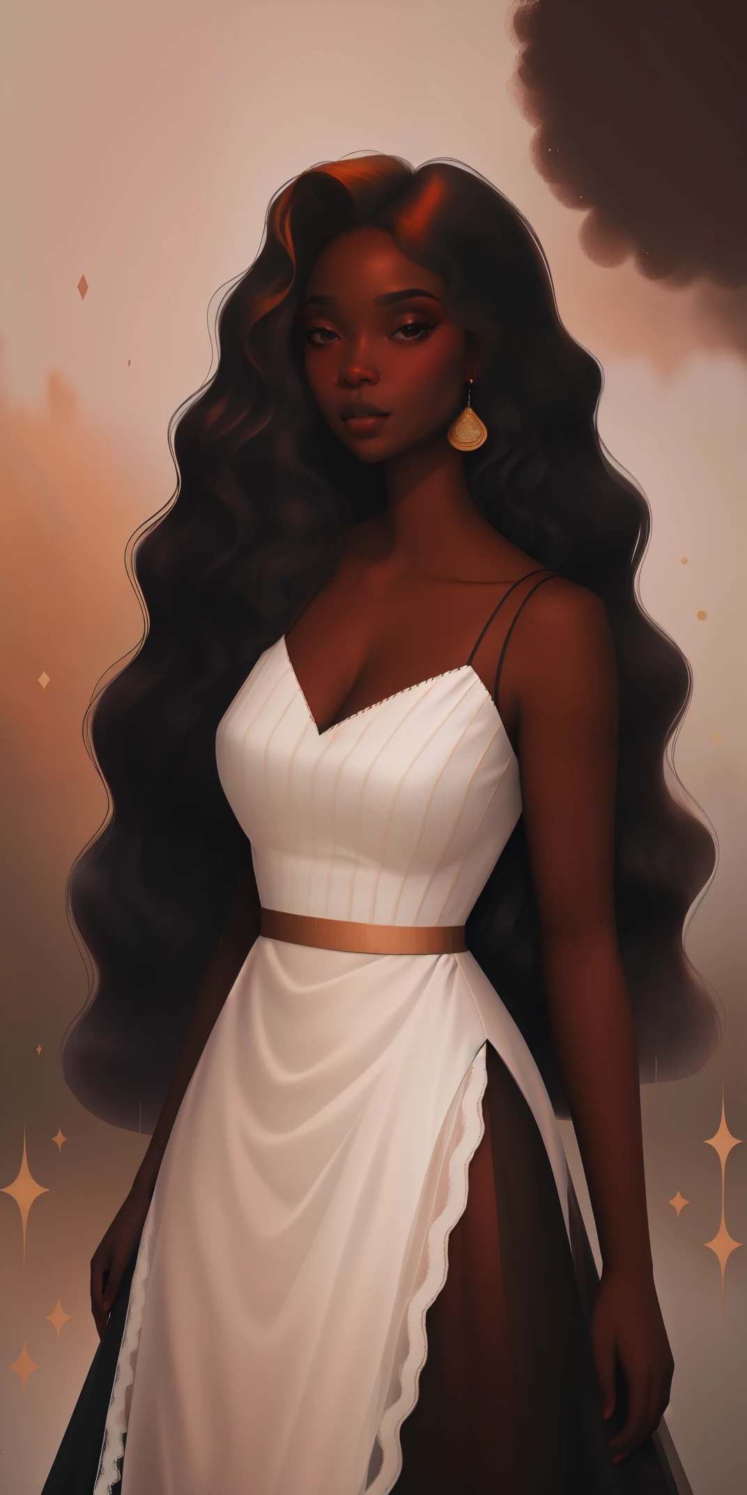 A Congolese black woman with rich dark brown skin, content expression, beautiful, 1woman, intricate detail, long wavy hair, beautiful fitted sheer black lace dress, black dress, abstract accents in the background