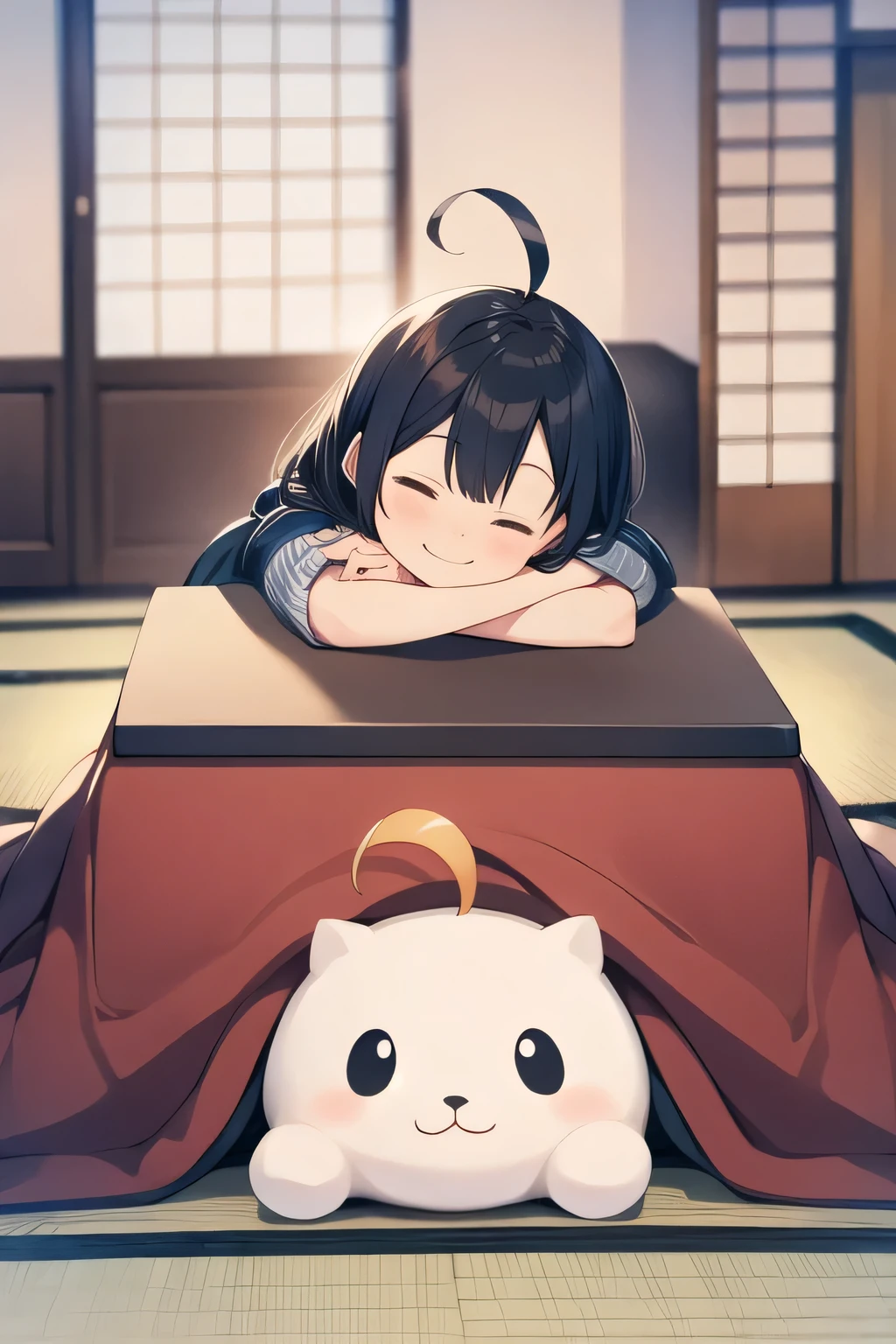 masterpiece, Super detailed, highest quality, baby, sweater, sit at the kotatsu, Ahoge, smile, Calm, comfortable, Japanese style room, oranges on the table