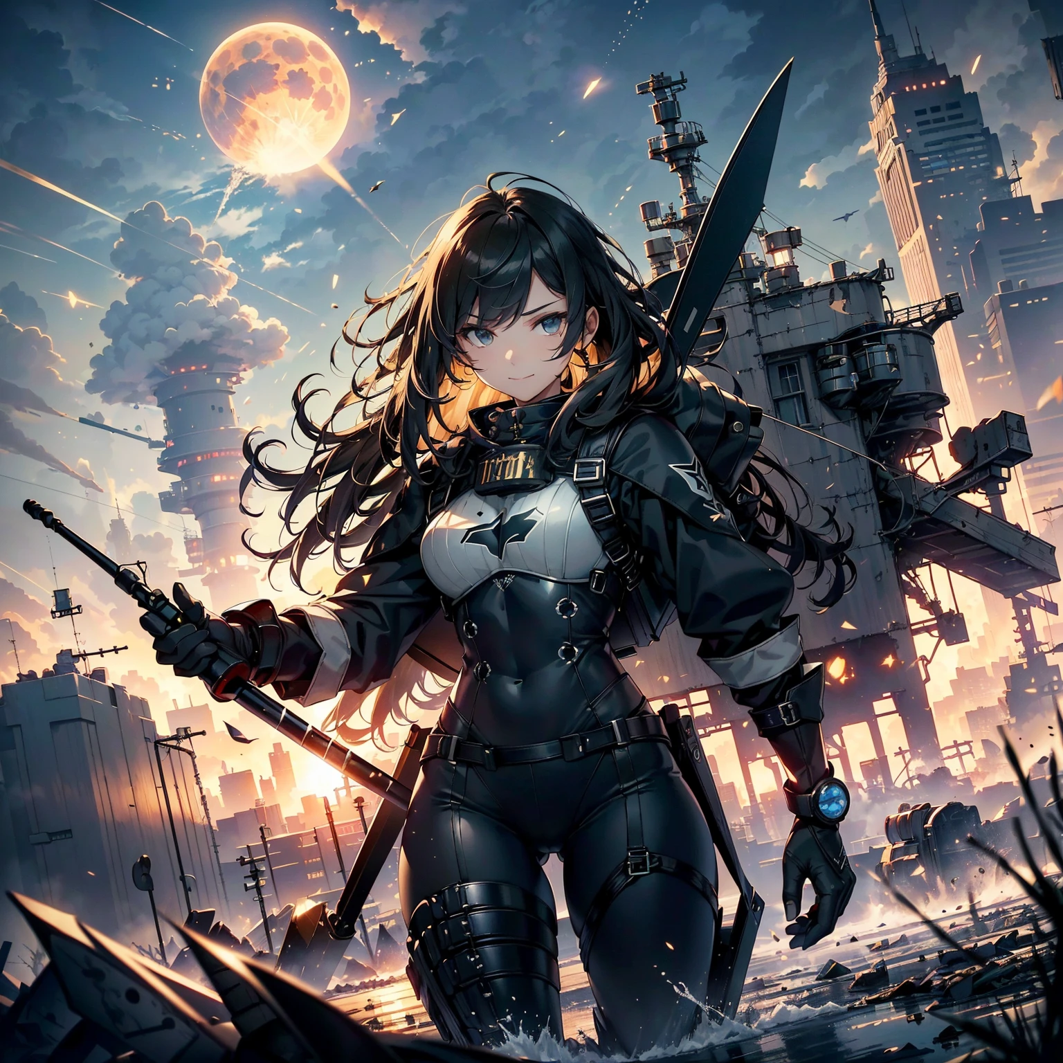 (highest quality,T Masterpiece,final solution,whole body):(24 year old female fighter,Slender、small face、Black Super Short Hair、Shiny black tight combat uniform,tight suit,dynamic angle、dynamic action、(dynamic pose:1.2)、normal posture,normal posture、Gentle smile、Backpack)、(Time Machine、Computer、skyscraper gun、weapons of the future、(Backpack:1.1)、Real World、Plankton rattle field、volumetric fog、gray fog、cigarette、 explosion、apocalyptic、destroyed city background、burning building:1.3、splash of water、starry ski、huge moon、Earth、destroyed giant robot、radio tower、airplane flying overhead、shooting star rocket truck、broken car、derailed train、tank、giant weapon、electronic equipment、Luminous mechanism)