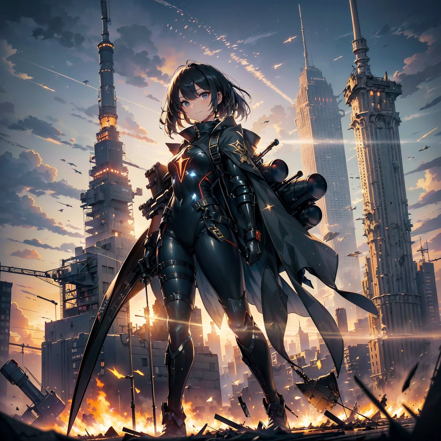 (highest quality,T Masterpiece,final solution,whole body):(24 year old female fighter,Slender、small face、Black Super Short Hair、Shiny black tight combat uniform,tight suit,dynamic angle、dynamic action、(dynamic pose:1.2)、normal posture,normal posture、Gentle smile、Backpack)、(Time Machine、Computer、skyscraper gun、weapons of the future、(Backpack:1.1)、Real World、Plankton rattle field、volumetric fog、gray fog、cigarette、 explosion、apocalyptic、destroyed city background、burning building:1.3、splash of water、starry ski、huge moon、Earth、destroyed giant robot、radio tower、airplane flying overhead、shooting star rocket truck、broken car、derailed train、tank、giant weapon、electronic equipment、Luminous mechanism)