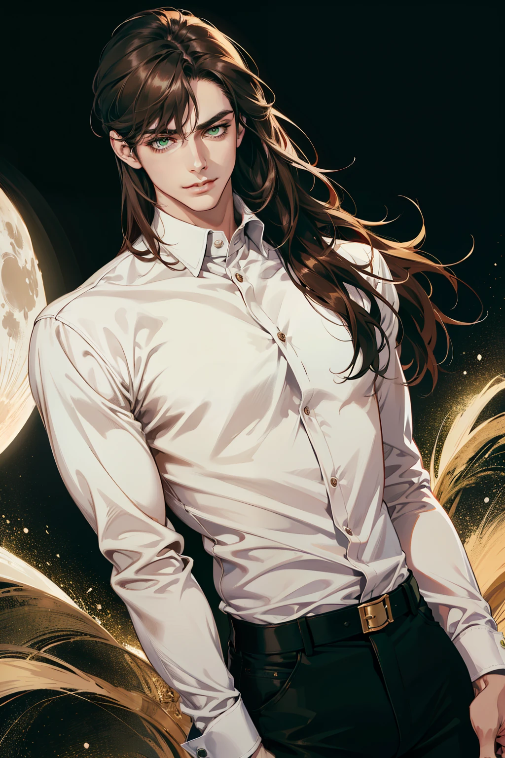 (absurdres, highres, ultra detailed), 1man, 30 years old man, adult man, handsome, tall,, finely detailed eyes and detailed face, leather pants, (((white shirt))), night, smile, dutch angle, ((long hair, brown hair)), moon, gold details, gothic, dark, simple clothes, looking at the view, pale skin, green detailed eyes, (masculine), sexy, elegant, long bangs, detailed hands, (((green eyes))), muscles, masculine