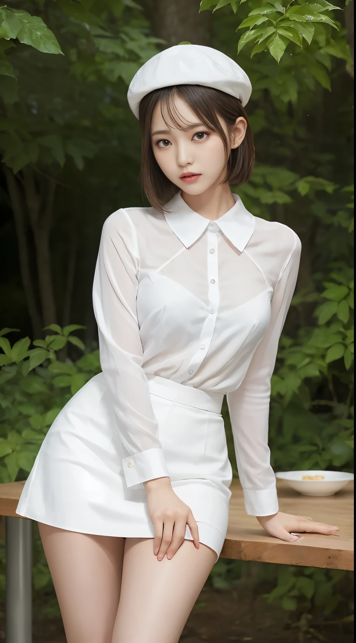 (highest quality, table top, Ultra HD: 1.3), 1 female, （medium breasts）, black hair, dull bangs, （Ultra short hair）,（ slender body shape）, ）Extra-fine face）, delicate lips,（beautiful eyes）, light blush, eyes are black, perfect shiny skin, perfect skin, （Shining sweat）,clavicle, armpit,watch here, Hide your hands, see-through white blouse, White see-through tight skirt, Weak low heels. white beret,  bust shot,broad-leaved forest