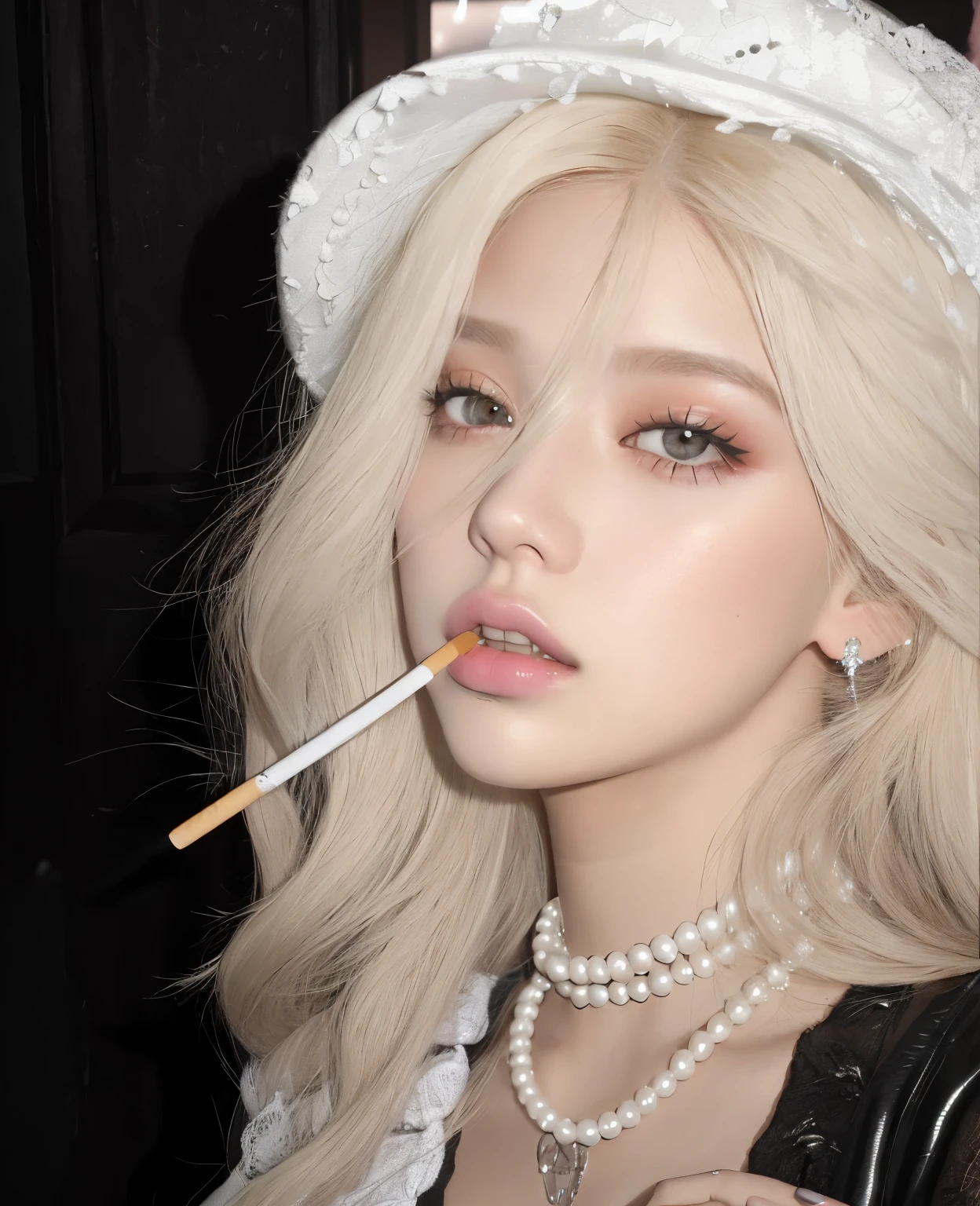 Blonde woman in white hat smoking cigarette in dark room, con pelo largo y blanco, maquillaje popular de corea del sur, ava max, con el pelo largo y blanco, portrait of jossi de blackpink, parque roseanne de blackpink, maquillaje coreano popular, chica perfecta de pelo blanco, ulzzang, cruel korean gothic girl, su cabello es blanco, jossi de blackpink, TaeJune Kim