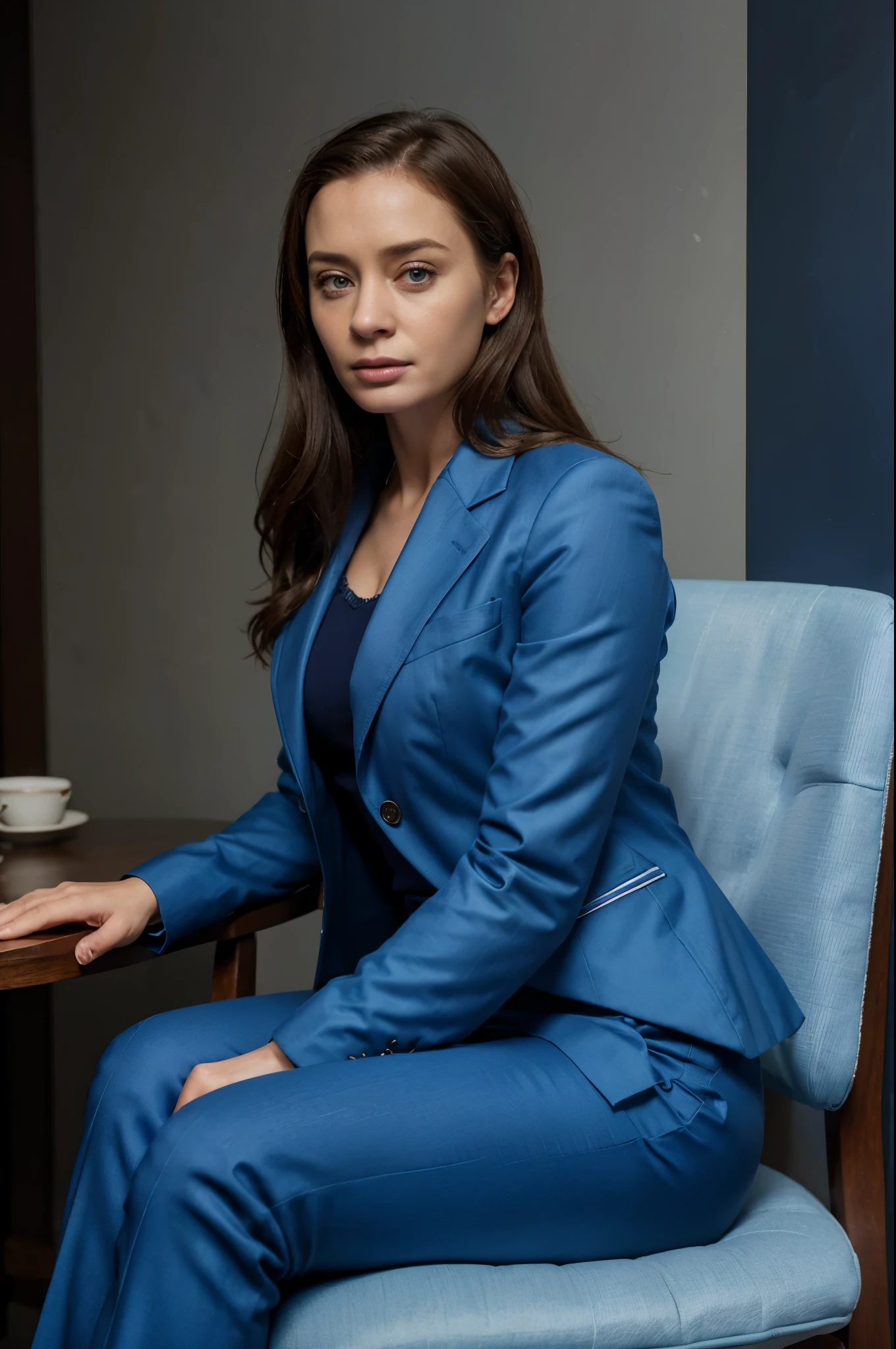 arafed woman in blue suit sitting on a chair with her hands on her knees, wearing a blue jacket, wearing blue jacket, promotional portrait, intense look, exclusive, promotional image, portrait shot, eva, blue jacket, emily blunt, girl in suit, olivia de bernardinis, promotional picture, wearing a light blue suit, promo image, lena oxton