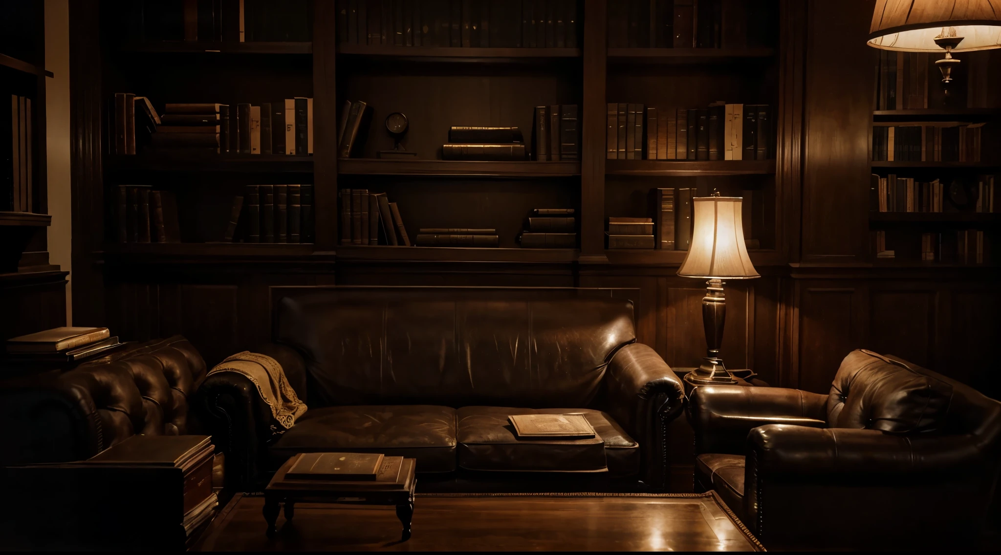 Describe an intriguing scene in a shadowy room where the atmosphere is charged with mystery. A clock on the wall announces the arrival of midnight, casting mysterious shadows across the room. A bookshelf filled with antique books occupies one wall, while on the sofa, a skilled detective is immersed in reading an enigmatic book. In the center, a table displays a silent telephone, waiting for the next clue to be revealed. Capture the tension and suspense that permeates this intriguing setting.