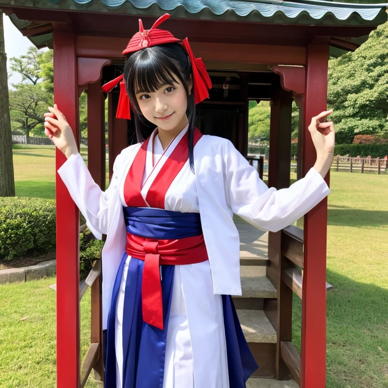 girl、dancer、perfect style、shrine maiden costume、No sleeve、Pants are visible