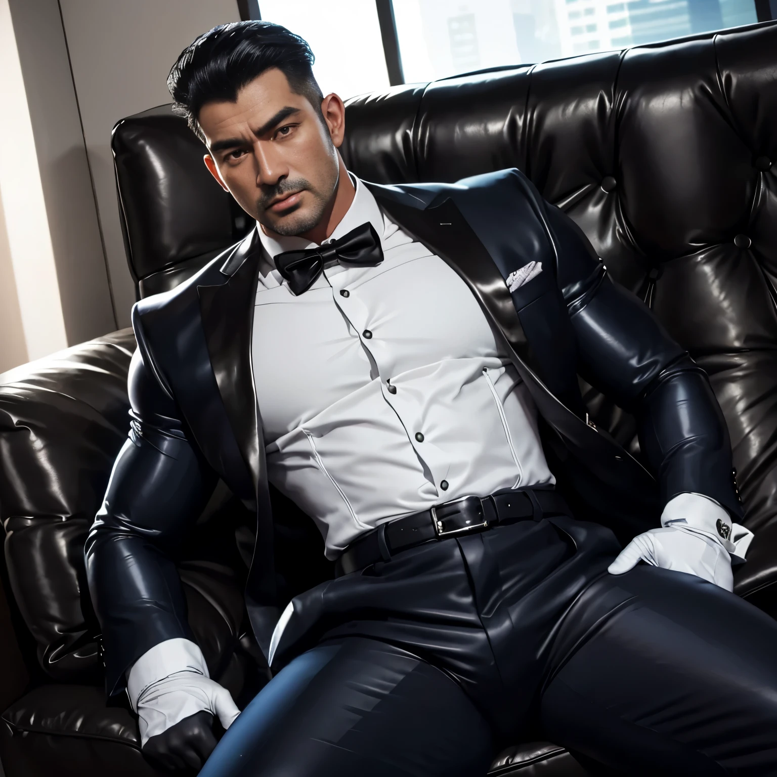 30 years old,daddy,"shiny suit ",Dad sat on sofa,k hd,in the office,"big muscle", gay ,black hair,asia face,masculine,strong man,the boss is,handsome,,leather gloves,lecherous dad,look straight ahead,dad is handsome,dad is handsome ,dad is "horny dad"