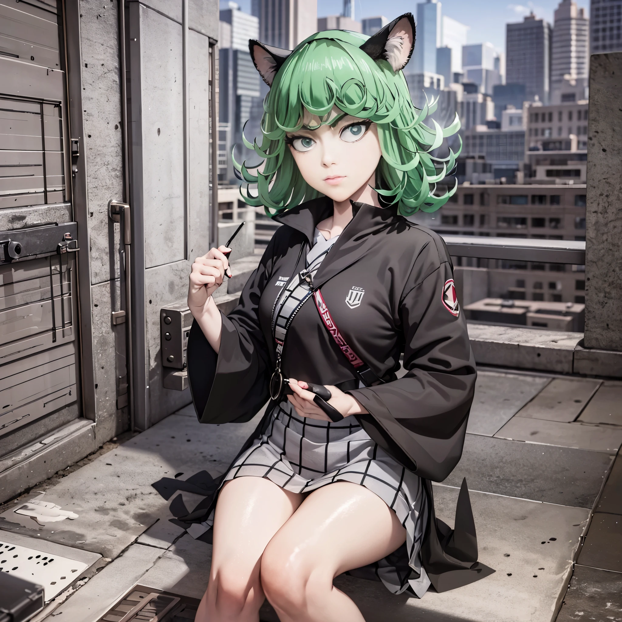 (Masterpiece, Best Quality:1.2), 独奏, 1girl, tatsumaki, unamused, closed mouth, looking a viewer, sitting, 她穿着敦煌飞天衣服, thights, широкие thights,